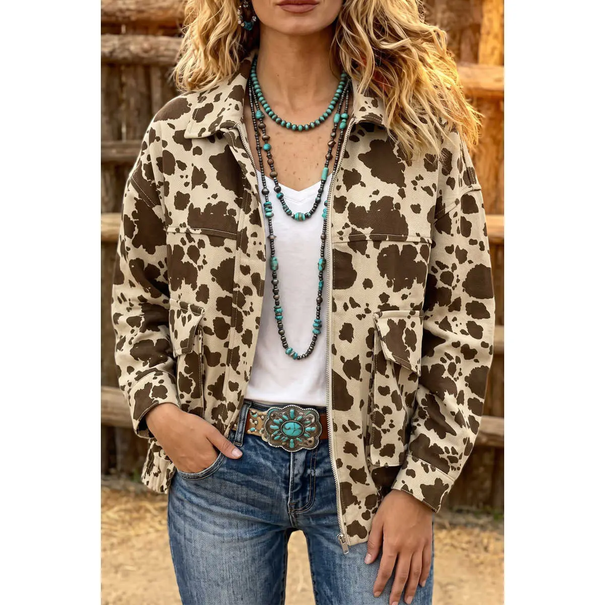 BF Women's Brown Western Cow Print Denim Jean Jacket - Fitted V-Neck Long Sleeve Cargo Pocket Casual Outerwear Tops for Women, Fall Layering Cowgirl Style Outfits