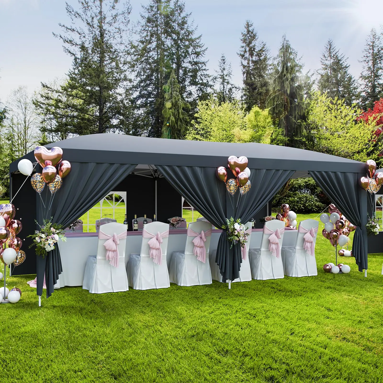 GARVEE Foldable Gazebo Tent 3x6 m (10x20 ft) Durable and Portable - Flat Roof, Waterproof, UV 50+ Protection, 6 Removable Side Walls, Adjustable Height - Includes Sandbags