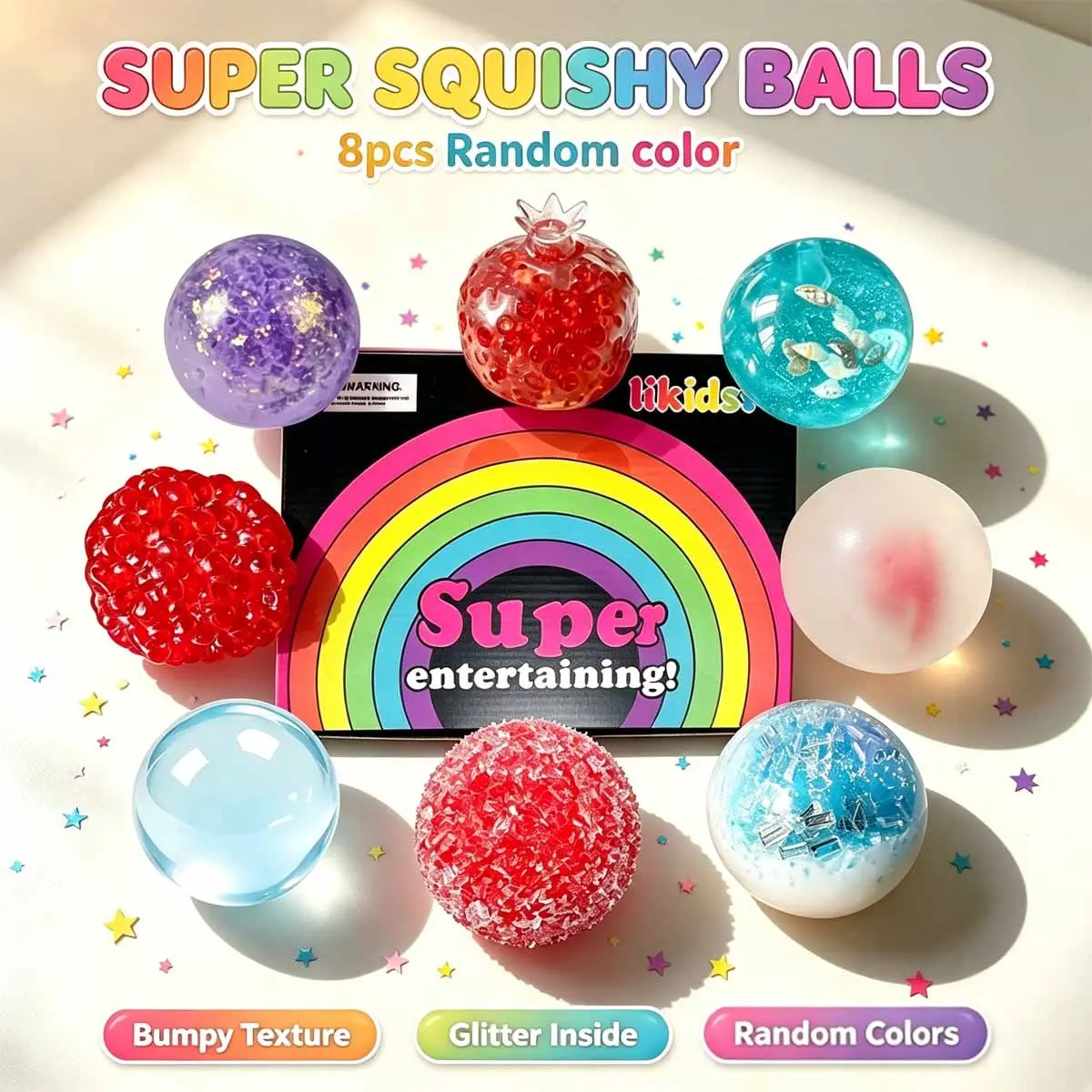 8pcs Super Squishy Balls Fidget Toys Set, Random Color Glitter Stress Relief Squeeze Balls, Bumpy Textured Sensory Toy for Kids & Adults