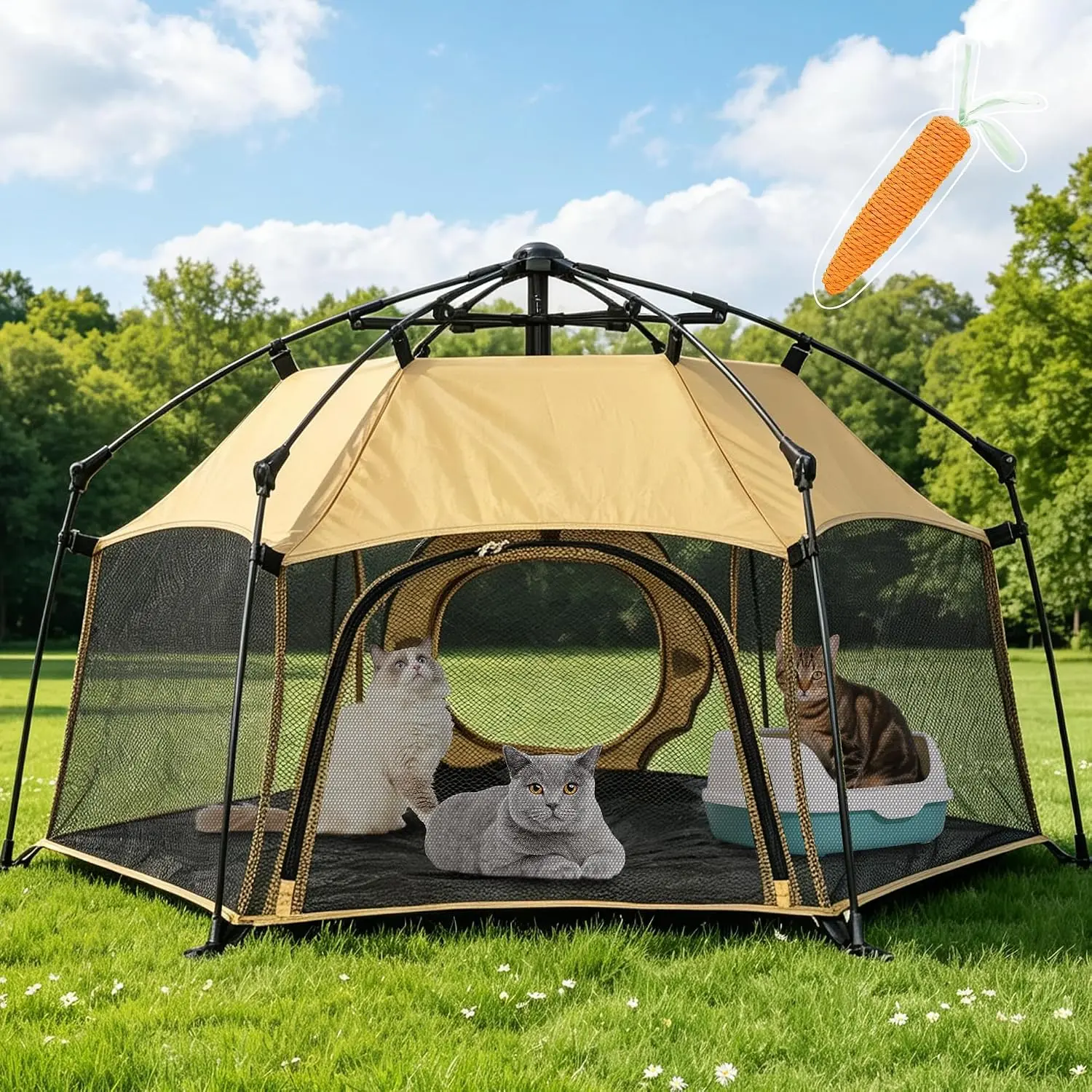 Catio Outdoor  Enclosure 44‘’  Tent with 2 Doors,  & Portable, Mesh Wall, Connectable to Play Tunnels,Indoor/Outdoor Cats Enclosed Playpen for Patio Balcony Courtyard Camping-Tan