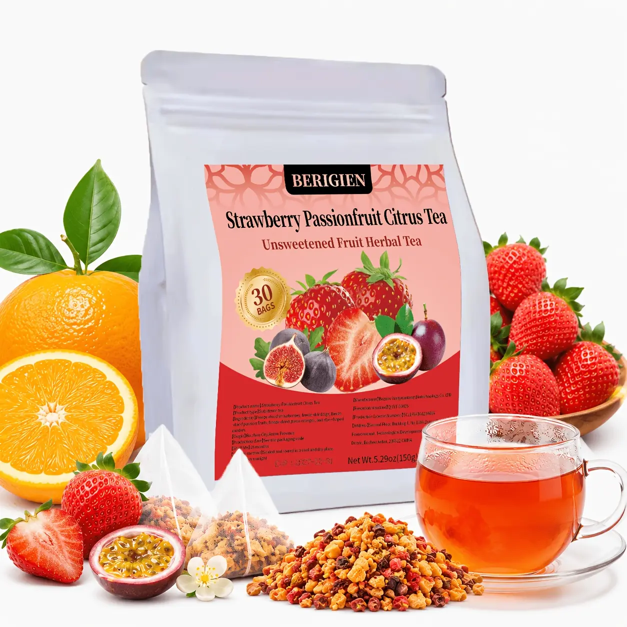 Cold Brew And Iced Tea, Strawberry Citrus Passion Fruit Pyramid Tea Bags, Natural Dried Fruit Herbal Tea Blend, Caffeine Free, Unsweetened Fruit Infusion, Refreshing Summer Fruity Daily Beverage