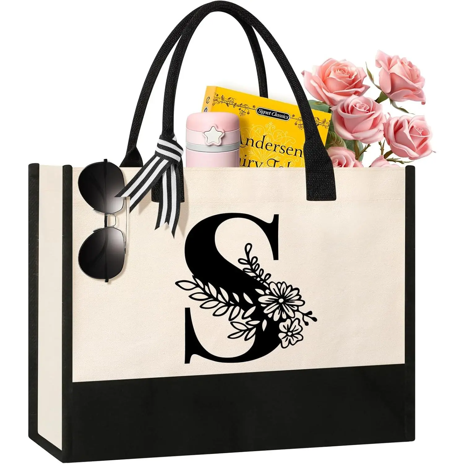 Personalized Initial Canvas Tote Bag, Suitable for Birthday, Wedding, Beach, Holiday, Gifts for Women, Mom, Teachers, ,  , Bridesmaids (S)