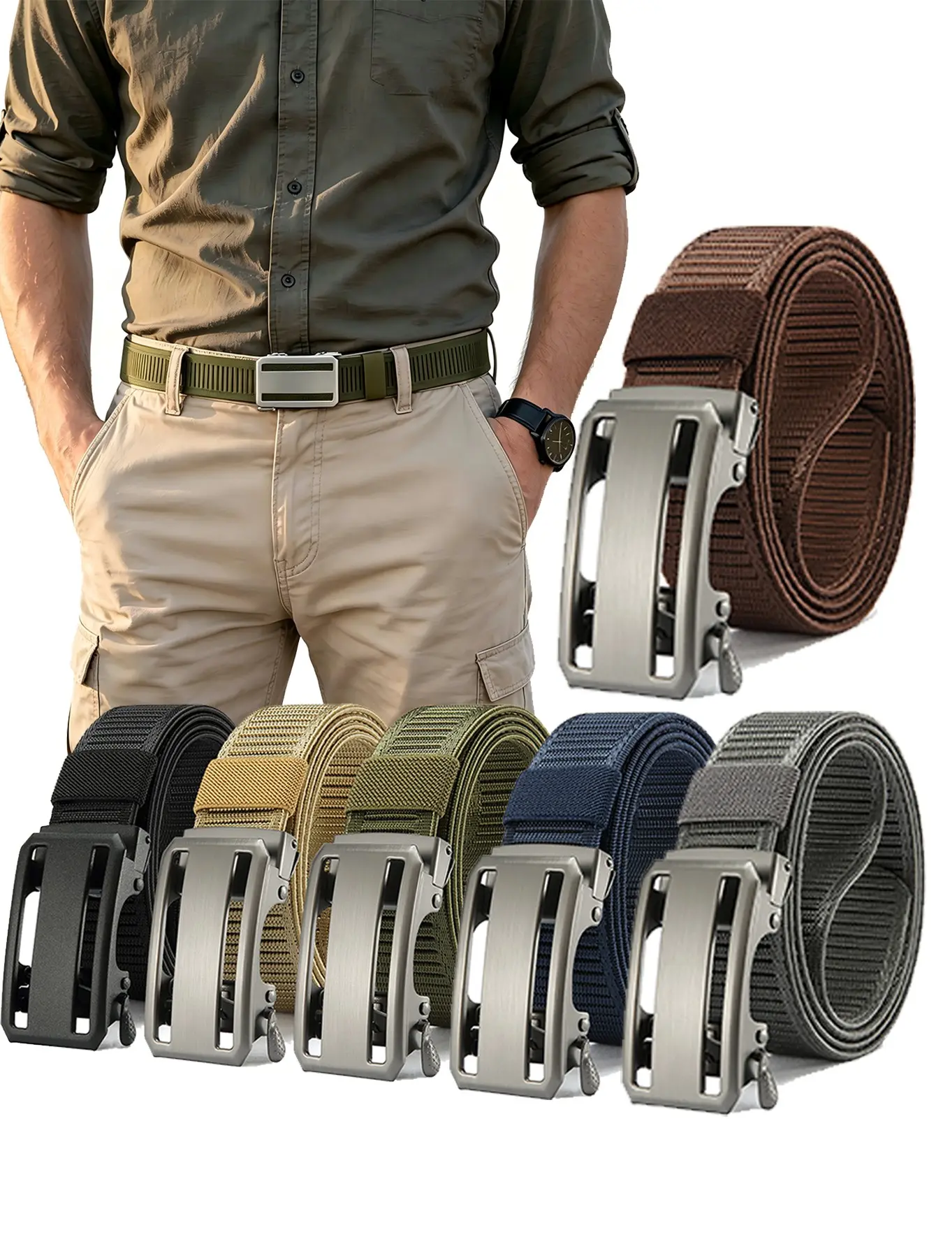 Men's Elastic Belt, Tactical Belt with Safety Alloy Automatic Buckle, Suitable for Jeans and Suit Pants, Outdoor and Casual Use