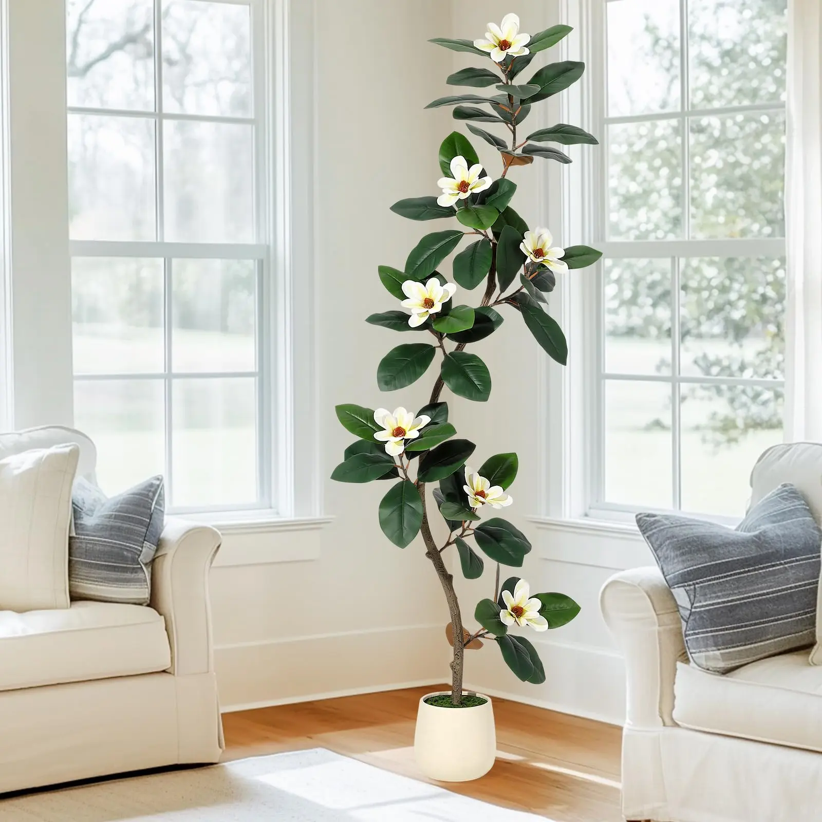 GARVEEÁrbol de goma artificial de 6 pies en maceta blanca, plantas de imitación para interiores, plantas artificiales con 7 flores de magnolia para decoración del hogar, árbol de higuera artificial para Decorative Pot