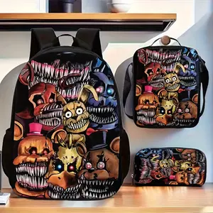 Freddy Print Backpack 3pcs Set Includes a Large Capacity Backpack, a Pencil Case, And a Zippered Lunch Bag with Adjustable Shoulder Straps Lightweight Travel Backpack, For Teenager, For Teenager