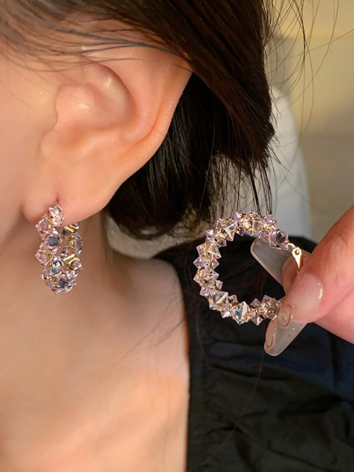 AEONBLULI Sparkly Light Purple Crystal Hoop Earrings for Women, Dainty Lavender Crystal Statement Hoops, Birthday Christmas Jewelry Gift