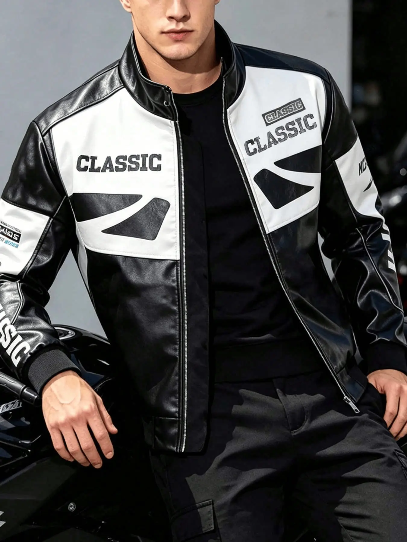 Men's Color Block PU Leather Biker Jacket Stand Collar Zipper Windproof Warm Breathable Faux Leather Racing Coat Geometric Letter Print Rib Cuff Hem Slim Retro Street Outerwear Ideal For Motorcycle Riding Daily Wear And Outdoor Activities