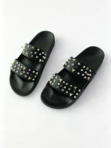 Women Summer Fashion Rivet Decor Open Toe Slide Sandals, Punk Spike Studded Strap Flat Slippers, Soft Thick Sole Beach Shoes