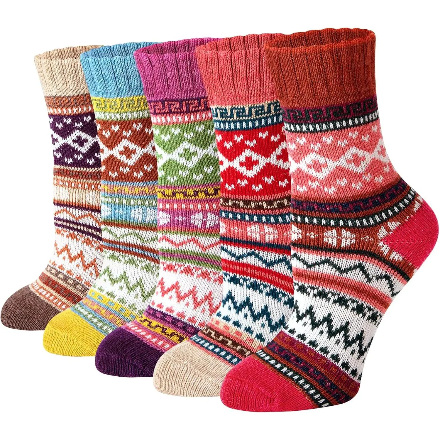 Women's 5-Pair Classic Knit Cotton-Wool Crew Socks - 23-25 cm, Vintage Dark Set, Bicolor Line, Multi-Colors, Thick-Warm Soft, Elastic, Winter Holiday Gift for Friends Adults