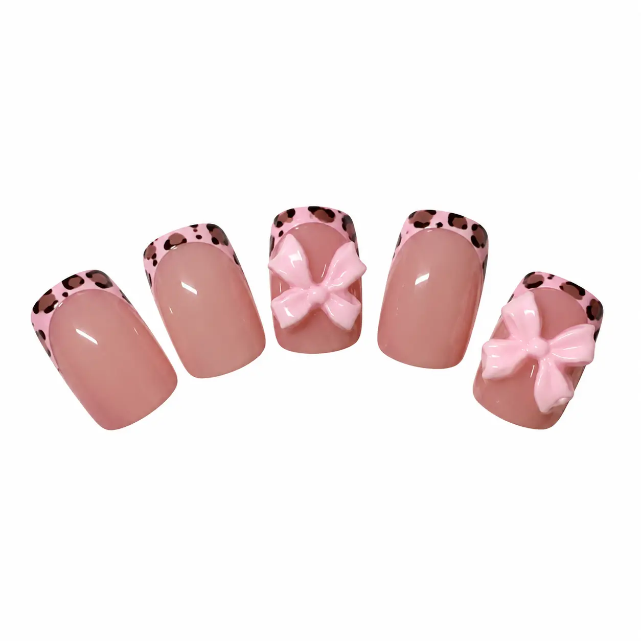 30-Piece Pink French Tip Press-On Nails - Leopard Print & Bow Accents, Glossy 3D Salon-Style Fake Nails, Simple Reusable Non-Toxic Easy DIY Application for Parties, Everyday Glamour, French Tip Nails