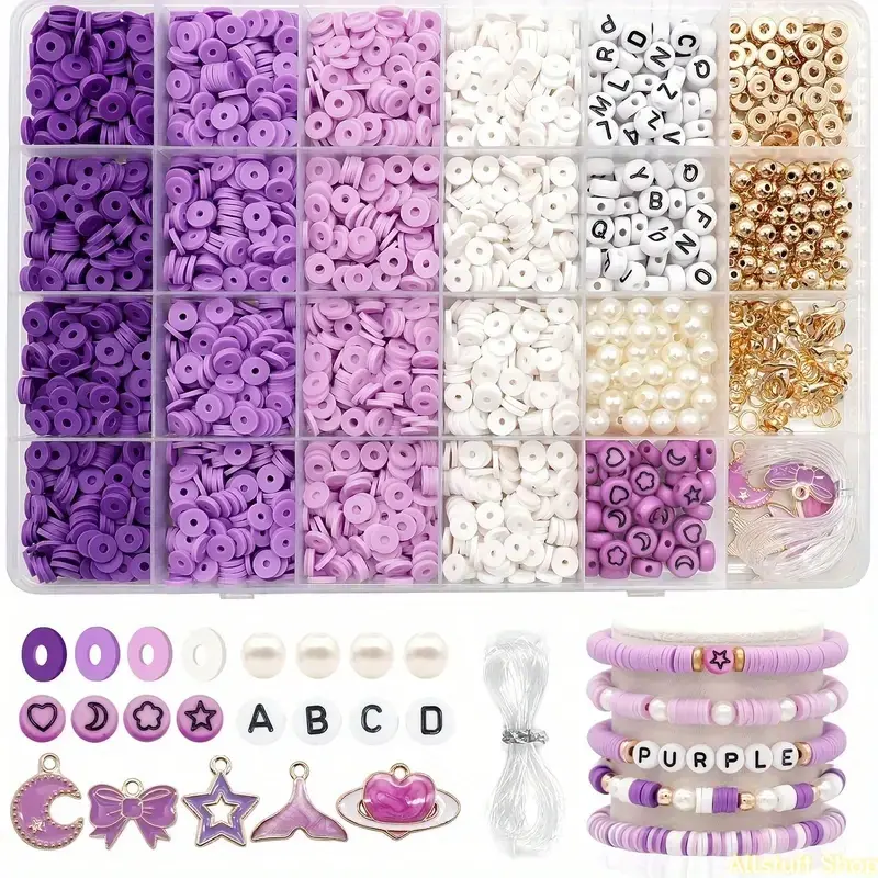 Galaxy Purple 3164-Piece Large Capacity Clay Bead Set with Gold Letter Charms & Elastic Cord - Jewelry DIY Crafting Kit for Friendship Bracelets, Bag Accessories, Birthdays & Creative Projects