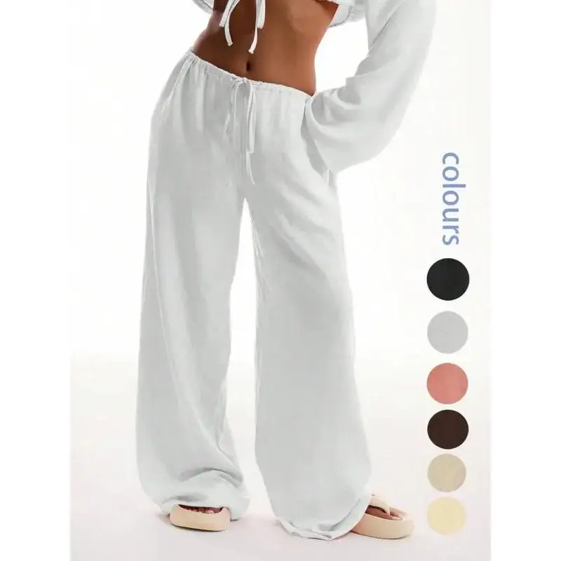 Women's Solid Pocket Pants Casual Comfy Wide Leg Baggy Trousers for All Seasons Ladies Bottoms for Beach Vacation Holiday