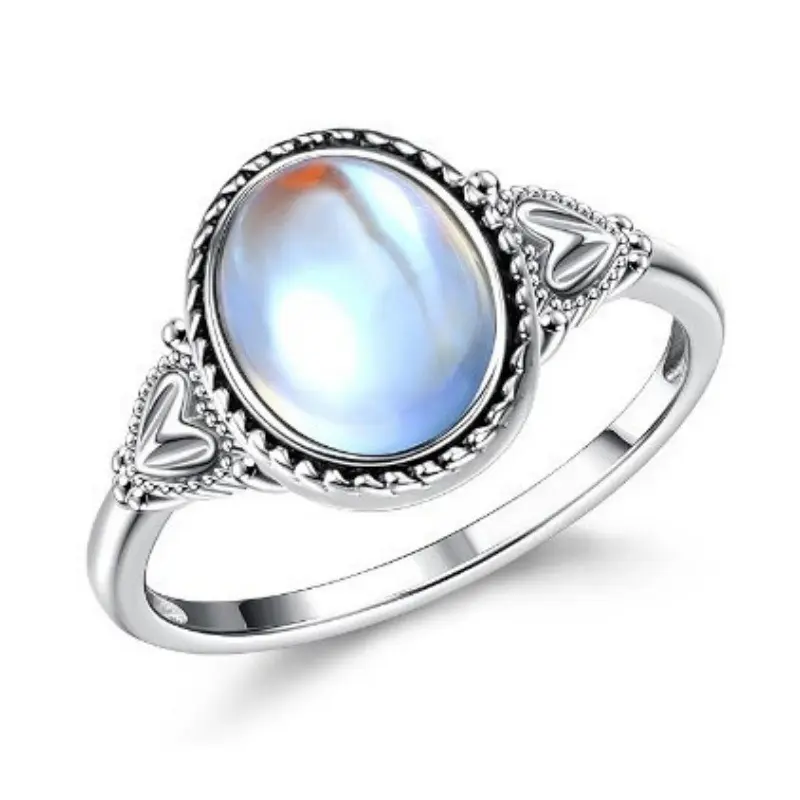 Women's Vintage Silver-Tone Alloy Mystic Moonstone Ring - Oval Cut, Heart Accent, Whimsical Fairytale Look Costume Jewelry, Unique Gifts, Gift Idea for Female Wear (Rings for Women)