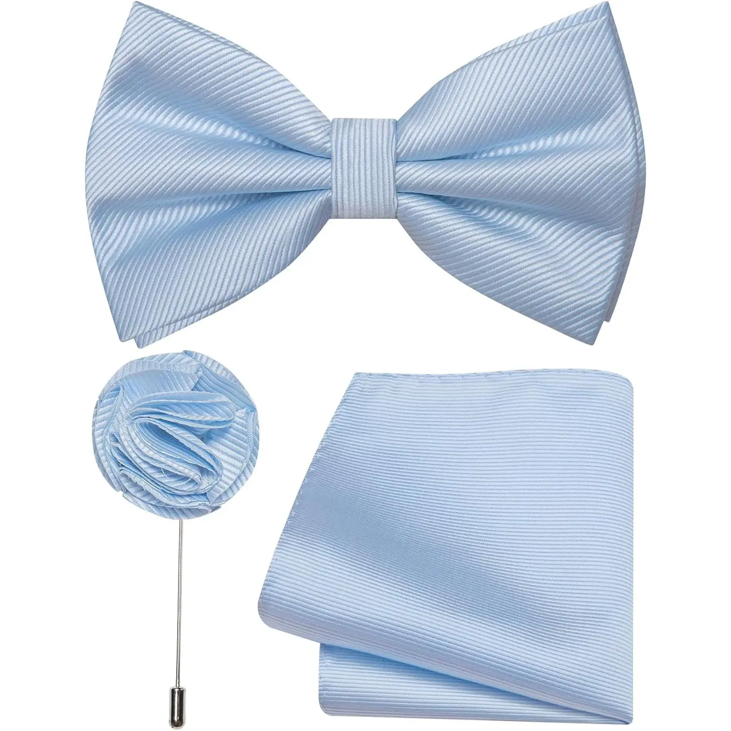 Solid Color Bow Tie Set Silk Woven Pre-tied Bowtie and Pocket Square with Lapel Pin Wedding Party