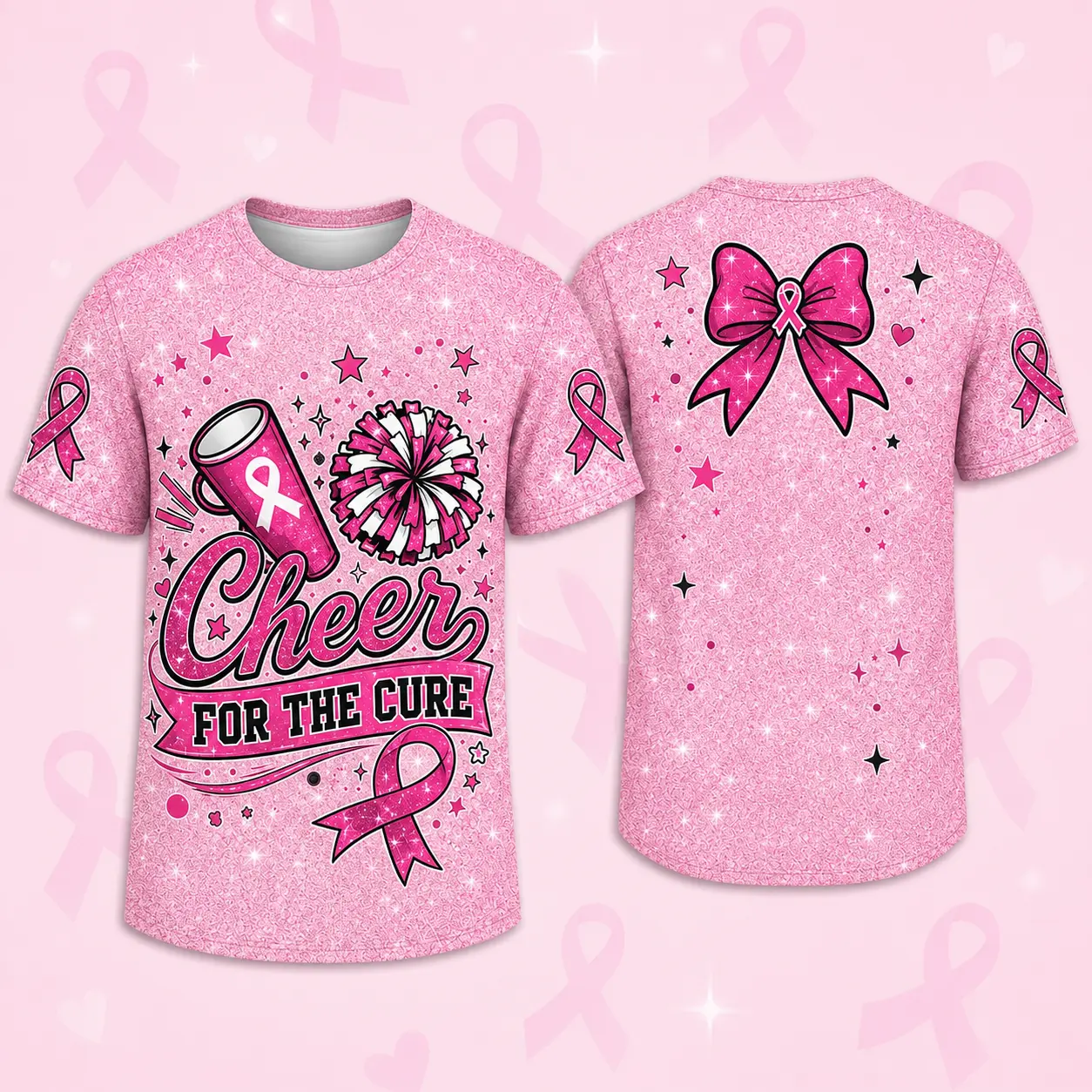 Breast Cancer Awareness Cheer For The Cure Graphic T-Shirt, Pink Faux Glitter Print Cheerleading Pom Pom Pink Ribbon Crew Neck Short Sleeve Casual Support Tee