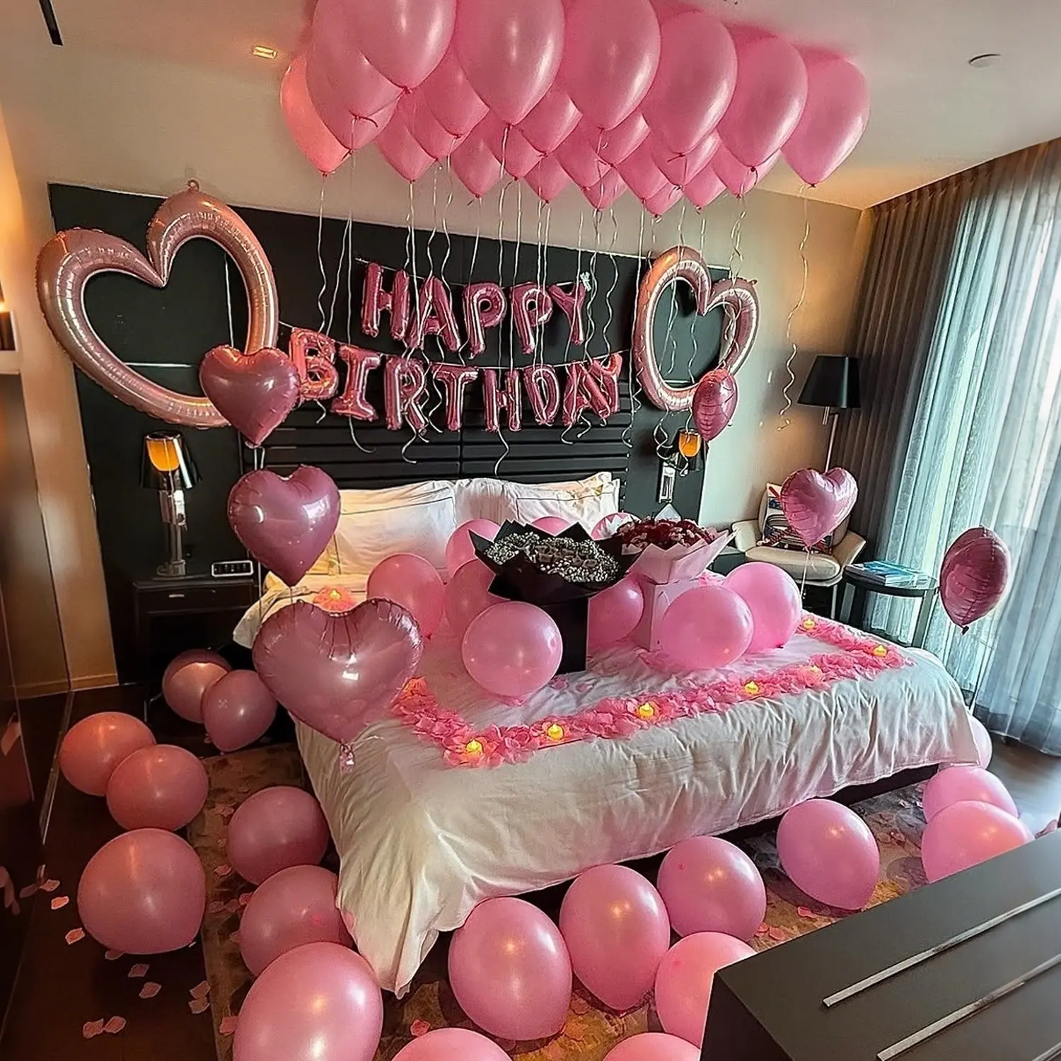Theme Birthday Balloon Set, Happy Birthday Balloon Banner, Letter Banner Balloons, Large Heart with Rose Petals, Party Decoration, Party Balloons Decorations, Home Party Props
