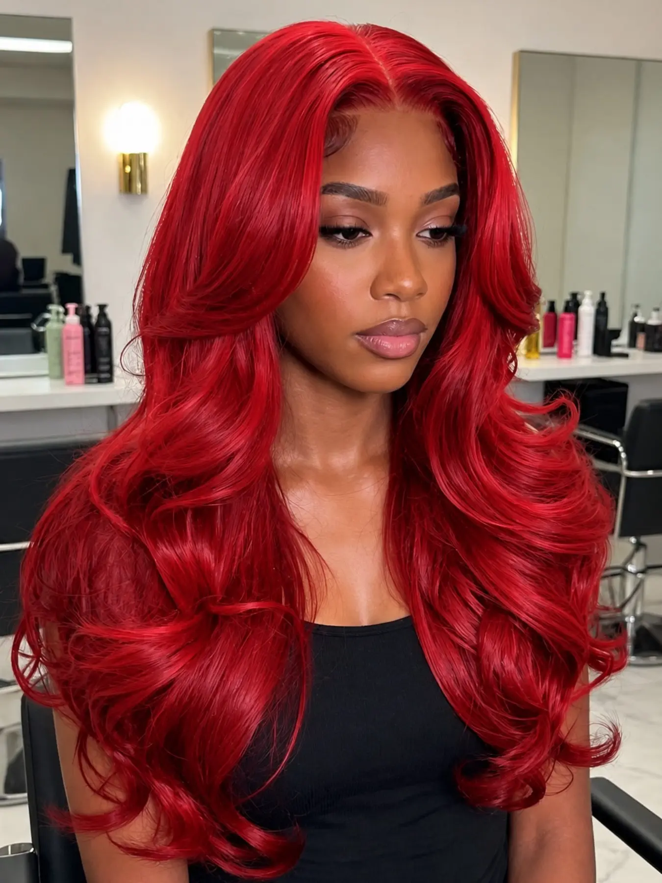 26 Inch Bright Red Body Wave Lace Front Wig Heat Resistant Synthetic Hair Glueless Lace Wigs Natural Hairline for Daily & Party Wear