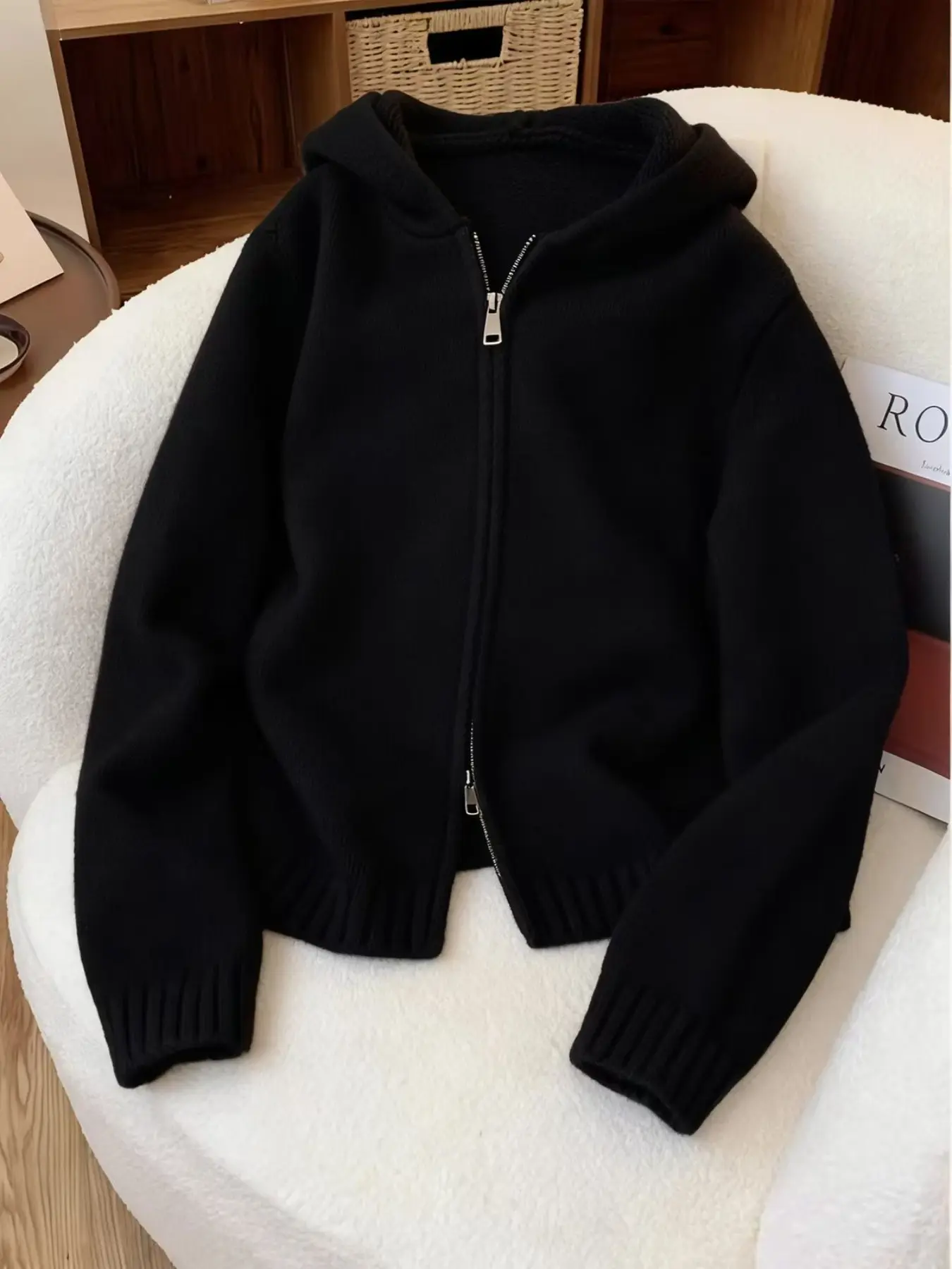 Women's Lazy Style Basic Dual Zipper Hooded Knit Jacket, Solid Color Soft Sweater Cardigan, Commuter Slim Fit Versatile Hat Shirt, Knitwear