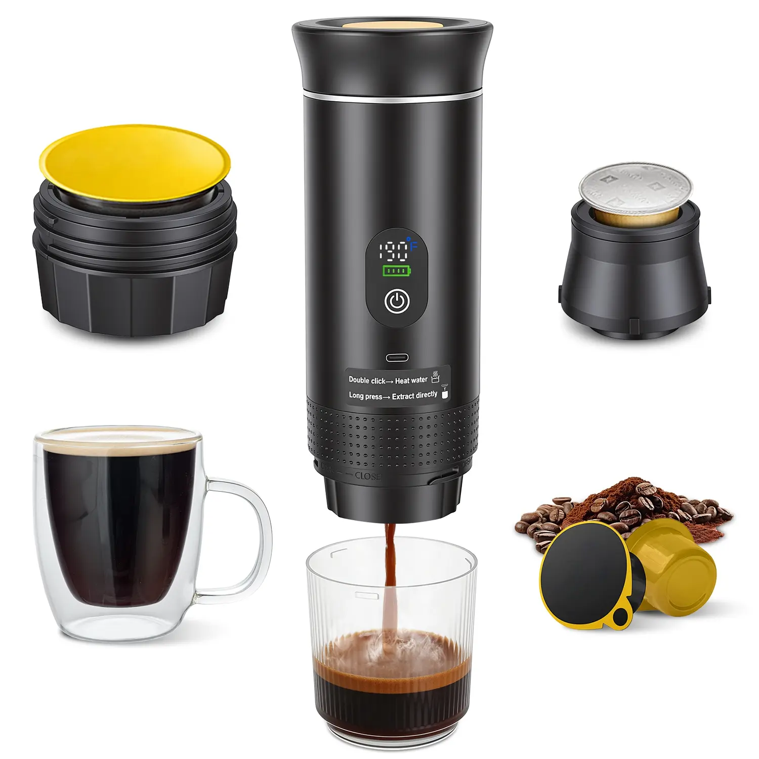 Cordless 3-in-1 Self-Heating Portable Espresso Machine, 20Bar 7500mAh Battery Coffee Maker with Anti-Dry Burn, Fits Ground Coffee & Capsules, for Camping & Home Use, Ideal Mother's Day Gift