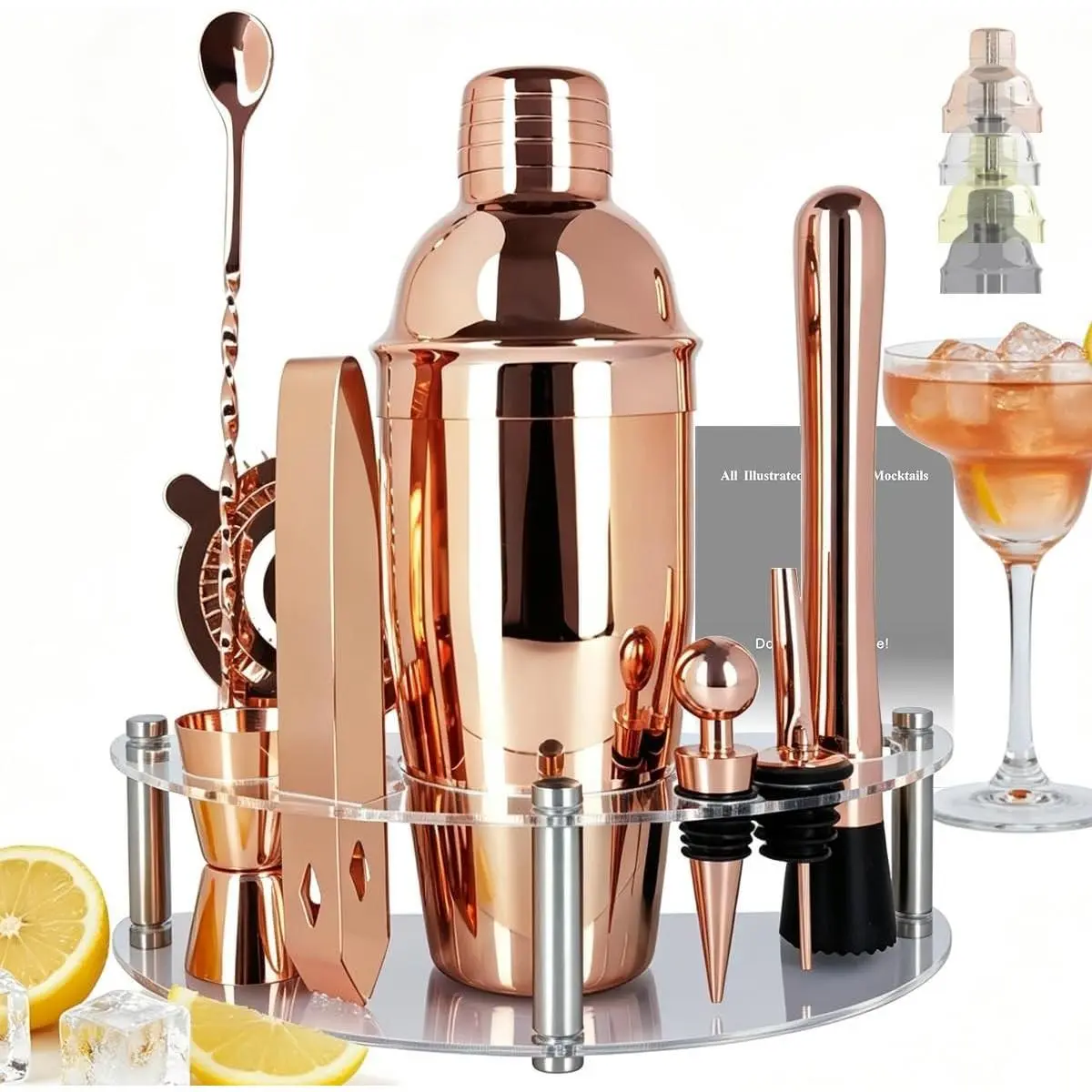 9-Piece 25oz Rose Gold Cocktail Shaker Bartender Kit with Stand Strainer Jigger, Complete Drink Mixer Bar Set with Recipe for Home Bartending