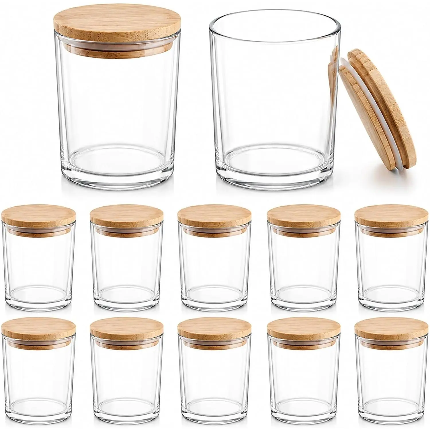 12PCS 7oz Thick Empty Clear Glass Candle Jars with Bamboo Lids in Bulk for Making Candles