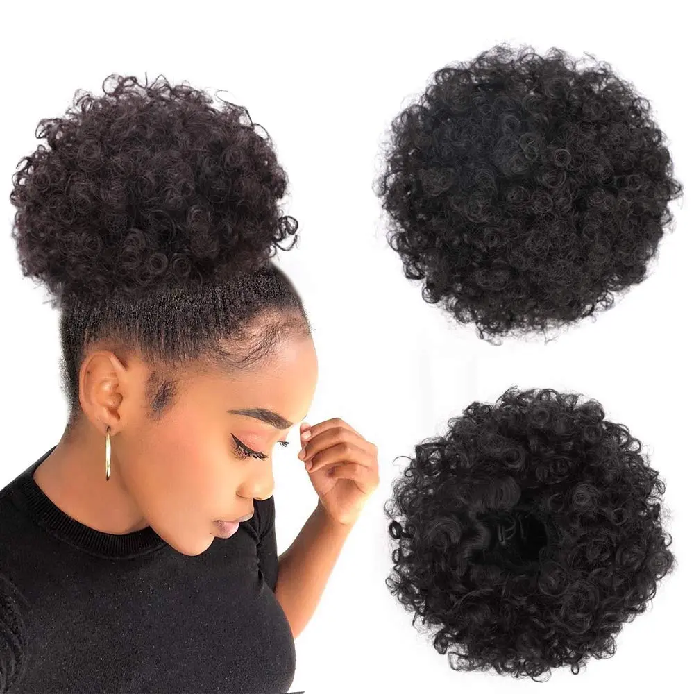 Afro Puff Drawstring Ponytail Kinky Curly Bun Hair Synthetic Short Extensions Hairpieces Updo Hair for Black Women (1B)