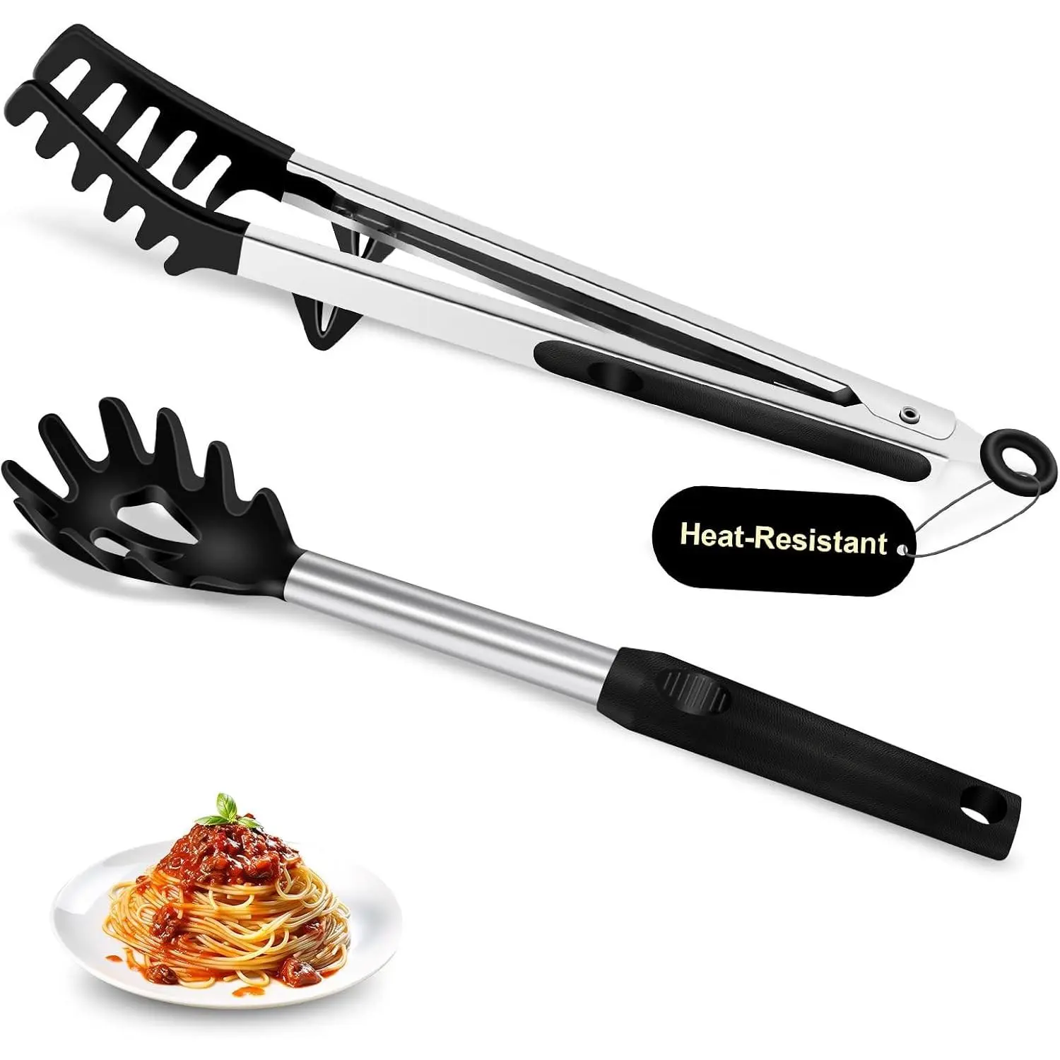 2-Piece Silicone Spaghetti Spoon and Pasta Tong Set, Heat-Resistant Non-Stick Noodle Server with Teeth, 13 Inch Spaghetti Strainer Fork, Stainless Steel Handle for Pasta Cooking, Black