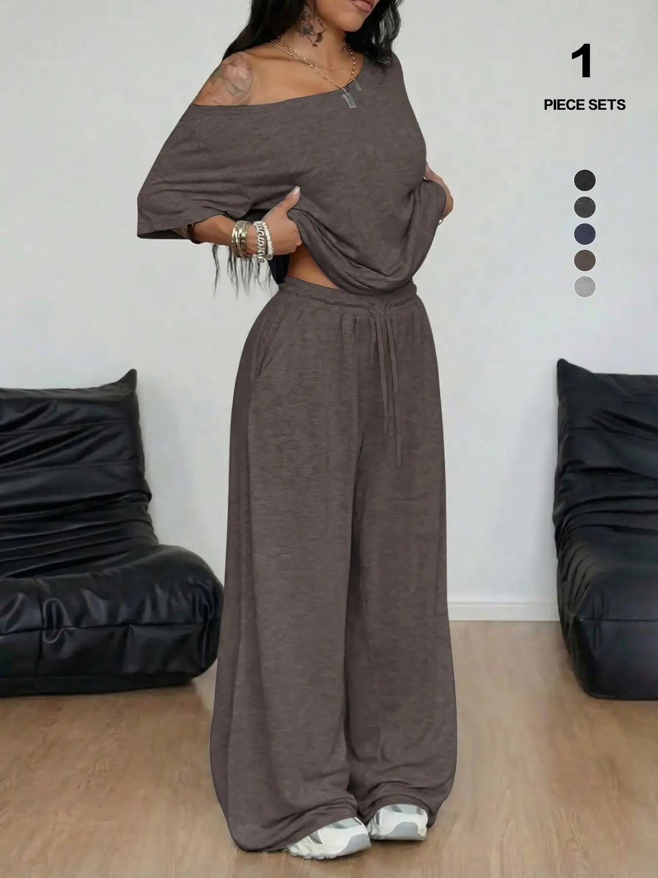 Women's 2-Piece Lounge Set, Off-Shoulder Oversized Top & Wide-Leg Pants, Soft Comfortable Drawstring Nightwear Pajama Loungewear for All Seasons