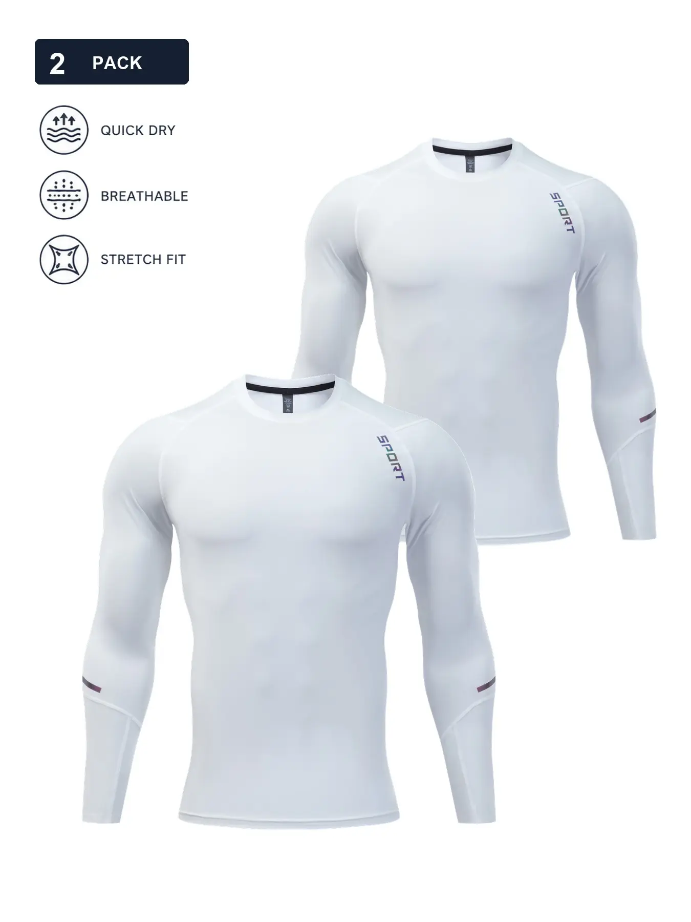 2-Pack Men’s Long Sleeve Compression Shirts, Quick-Dry Breathable Stretch Athletic Base Layer Tops Athletic Clothes for Gym, Running, Basketball and Outdoor Training, White