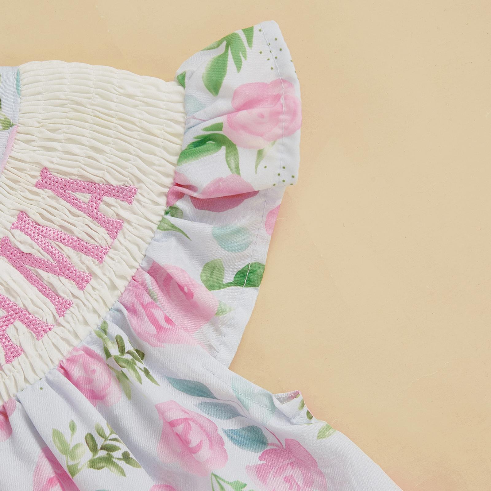 Newborn Baby Girl Summer Outfits Floral Mamas Girl Smocked Bubble Romper Fly Sleeve Onesie Bodysuit Mothers Day Clothes