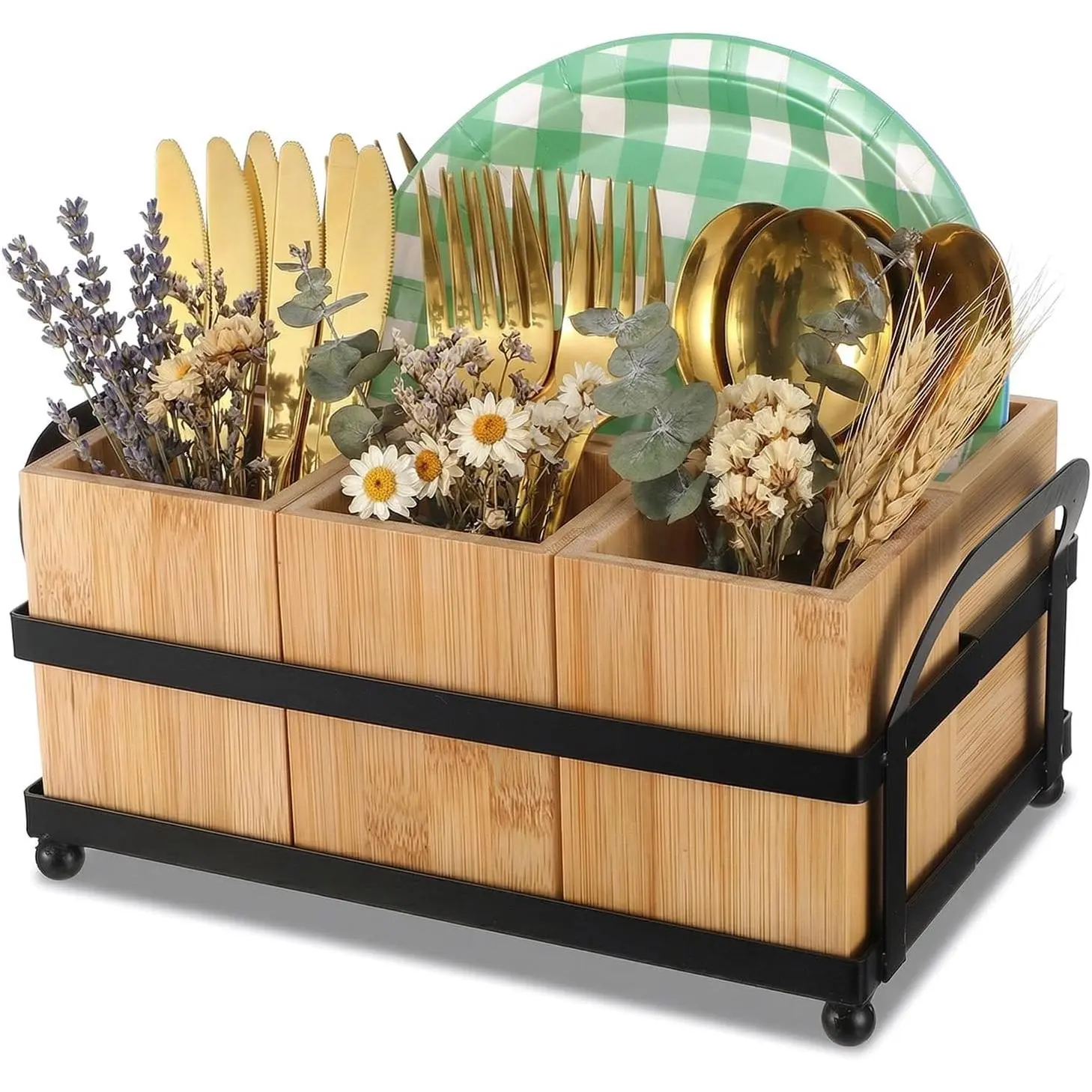 Silverware  Holder Silverware Organizer with 4 Compartments | for Party, , Utensil Holder, Paper Plate Dispenser, Cutlery , for Spoons Forks Plates Napkins