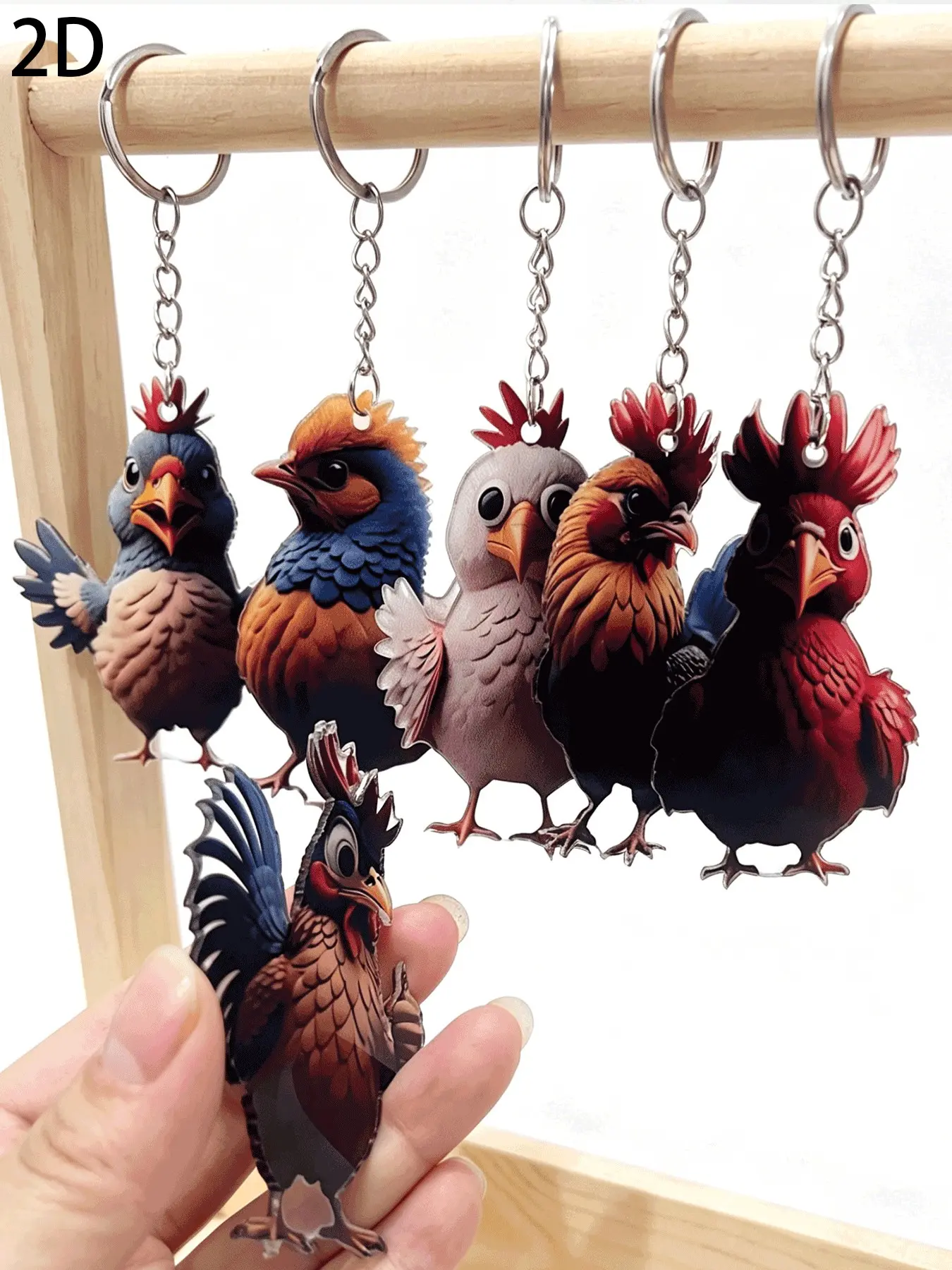 6pcs Multifunctional Student Keychains, Cute Flat 2D Rooster Pendant, Chicken Keychain Decor, Backpack Style, Random Design, Cute Keychain Accessory