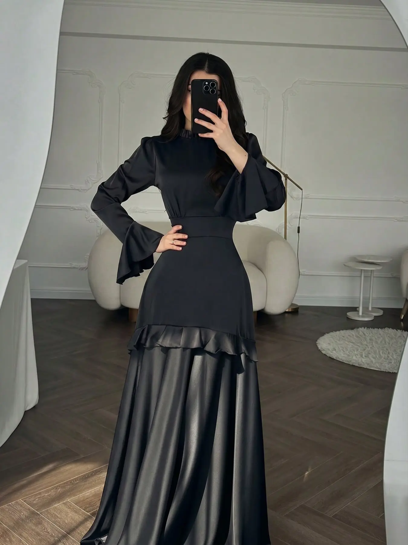 Elegant Women's Chiffon Waist Cinched Bell Sleeve Long Dress, Formal Evening Dress, Stylish and Comfortable Design, Perfect for Special Occasions