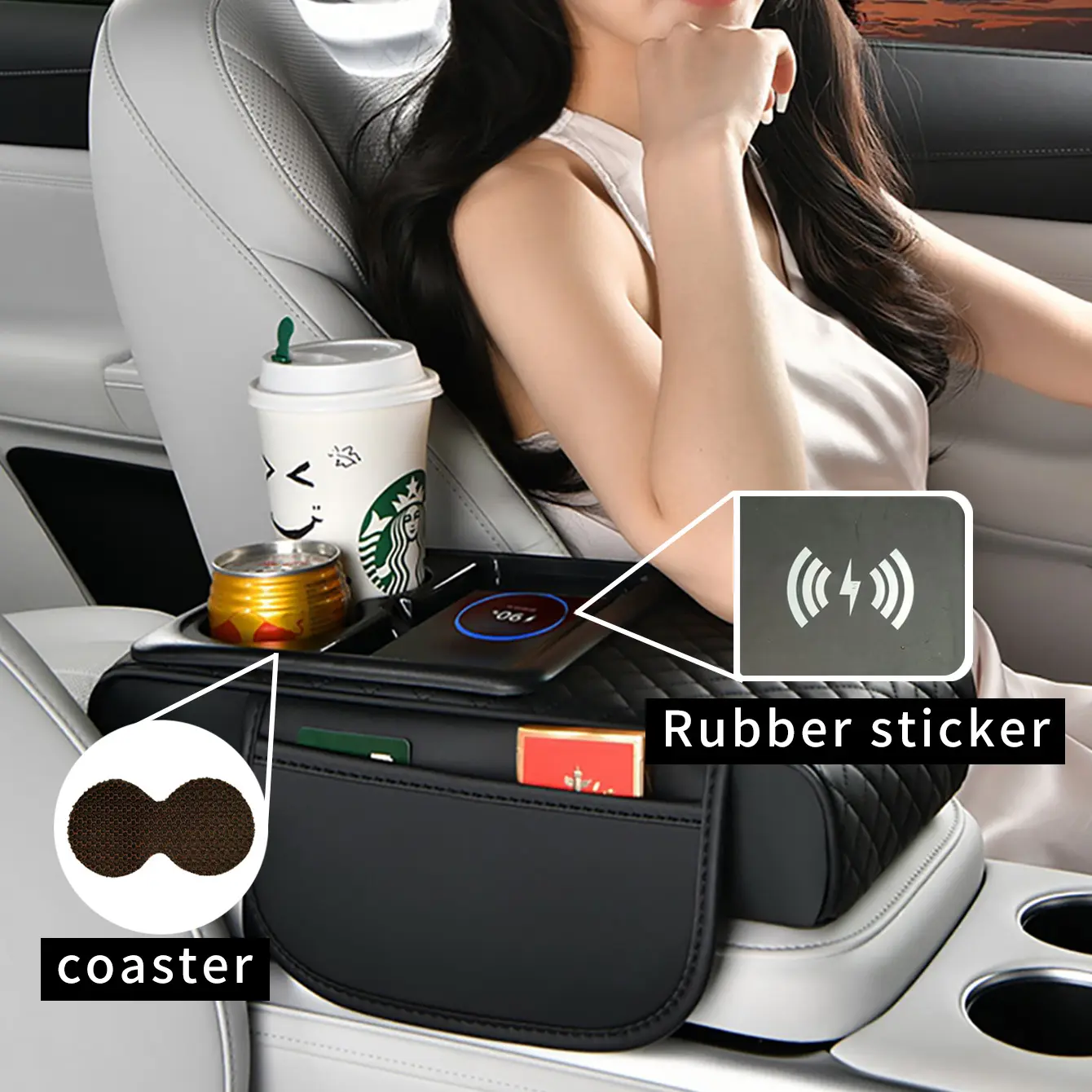 Car Console Storage Box, Car Organizer For Console, Multi-Color Wireless Charging Compatible with Apple Huawei, Includes Paper Towels and Cup Mat