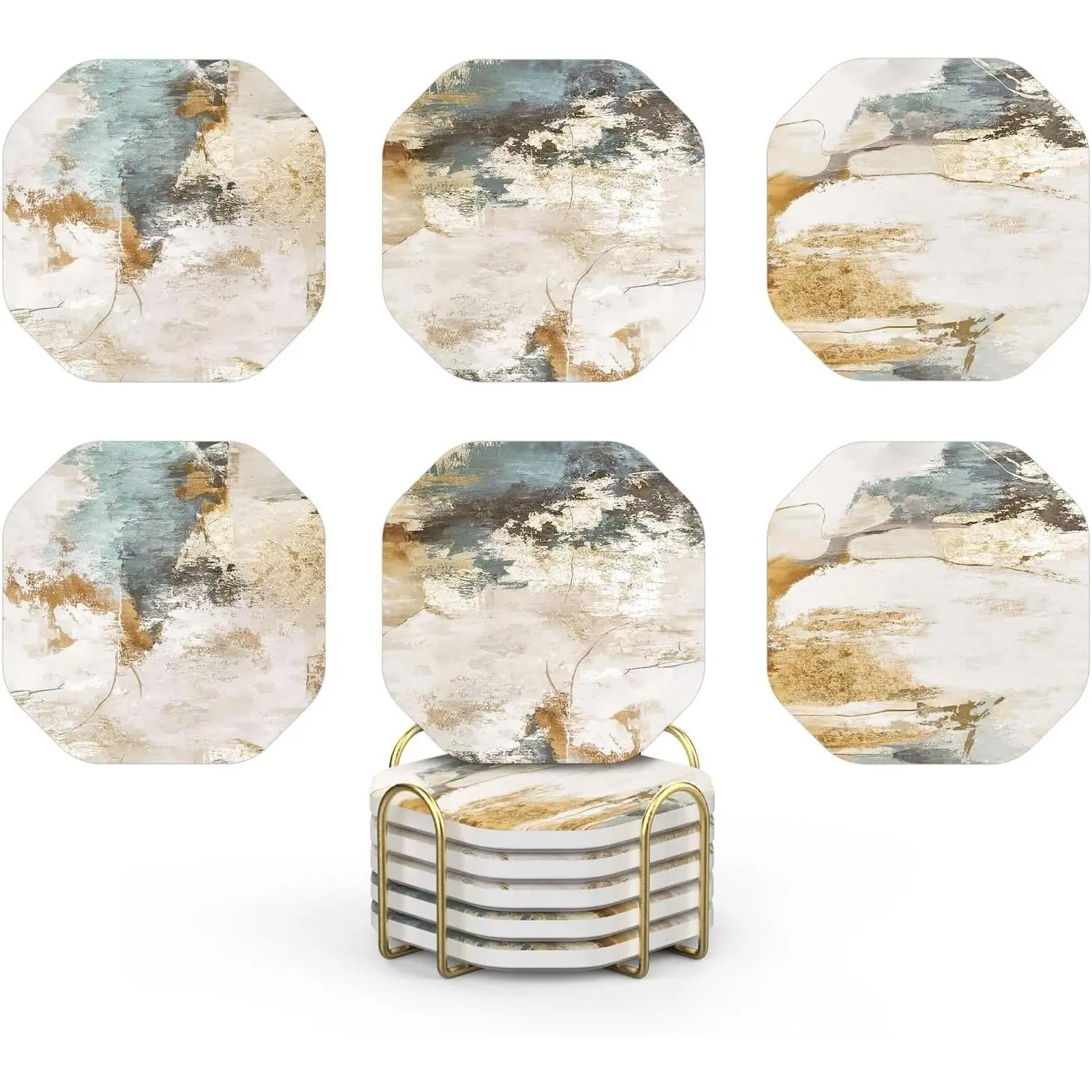 Printed Ceramic Stone Coasters Set of 6, 4" Absorbent Stoneware for Drinks, Rustic Retro Boho Gold Design with Holder, Ideal for Wooden Coffee Table Decor (Hot/Iced Beverages)