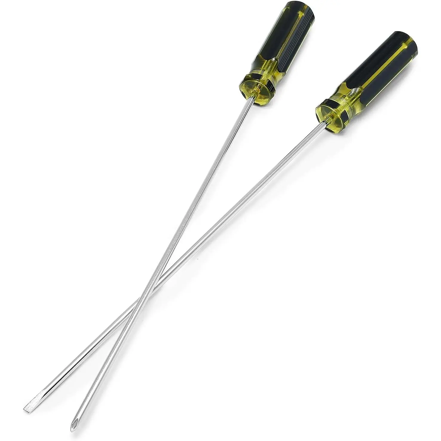 2-Piece Chrome Vanadium Long Handle Screwdriver Set - 39cm/15.4in, High-Frequency Quenched, PVC Grip, Phillips, Slotted Flat Tips, Set Of Two