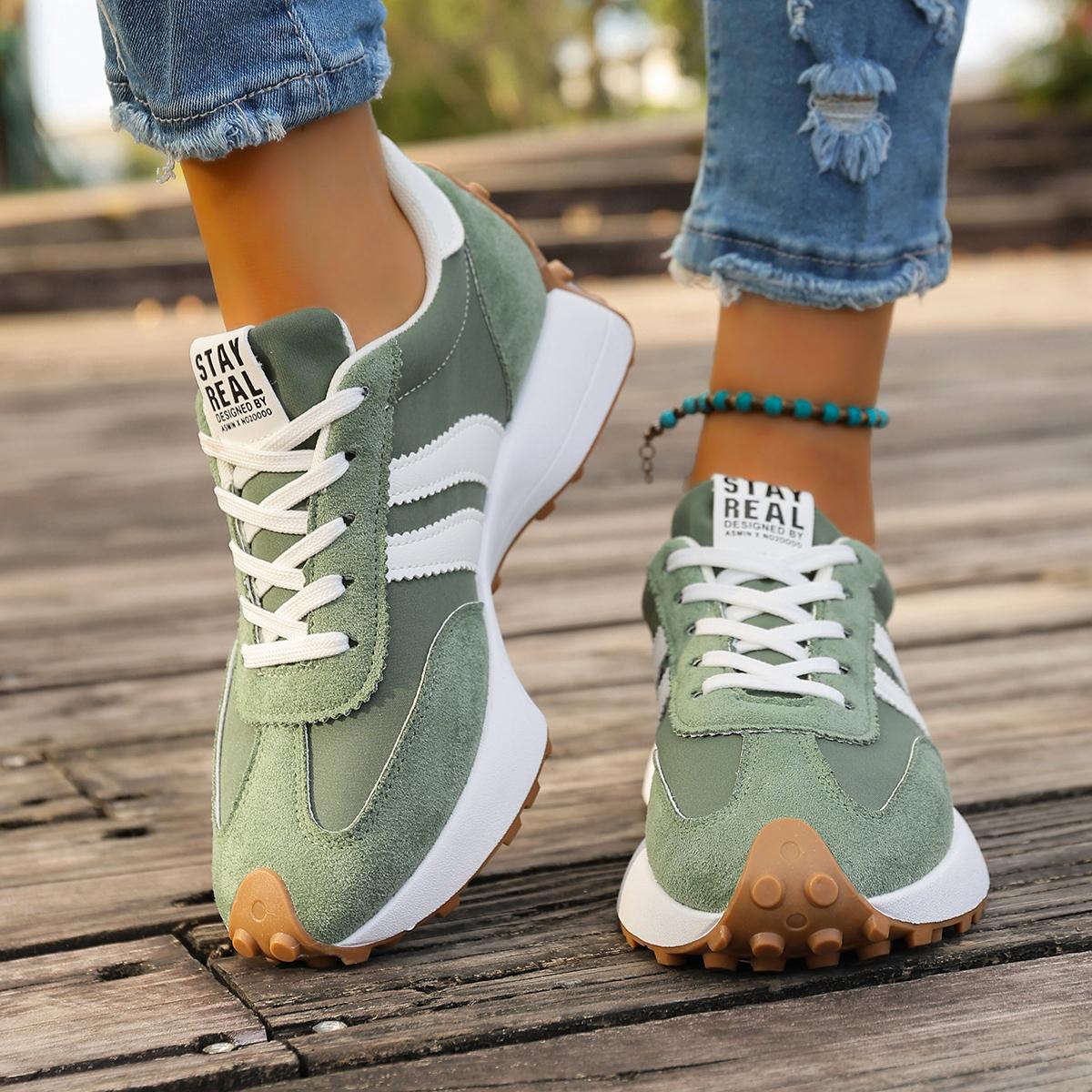 Women's Retro 70s Inspired Chunky Platform Sneakers, Suede & Nylon Upper, Striped Detail, Casual Dad Shoes for American Fashion Lovers