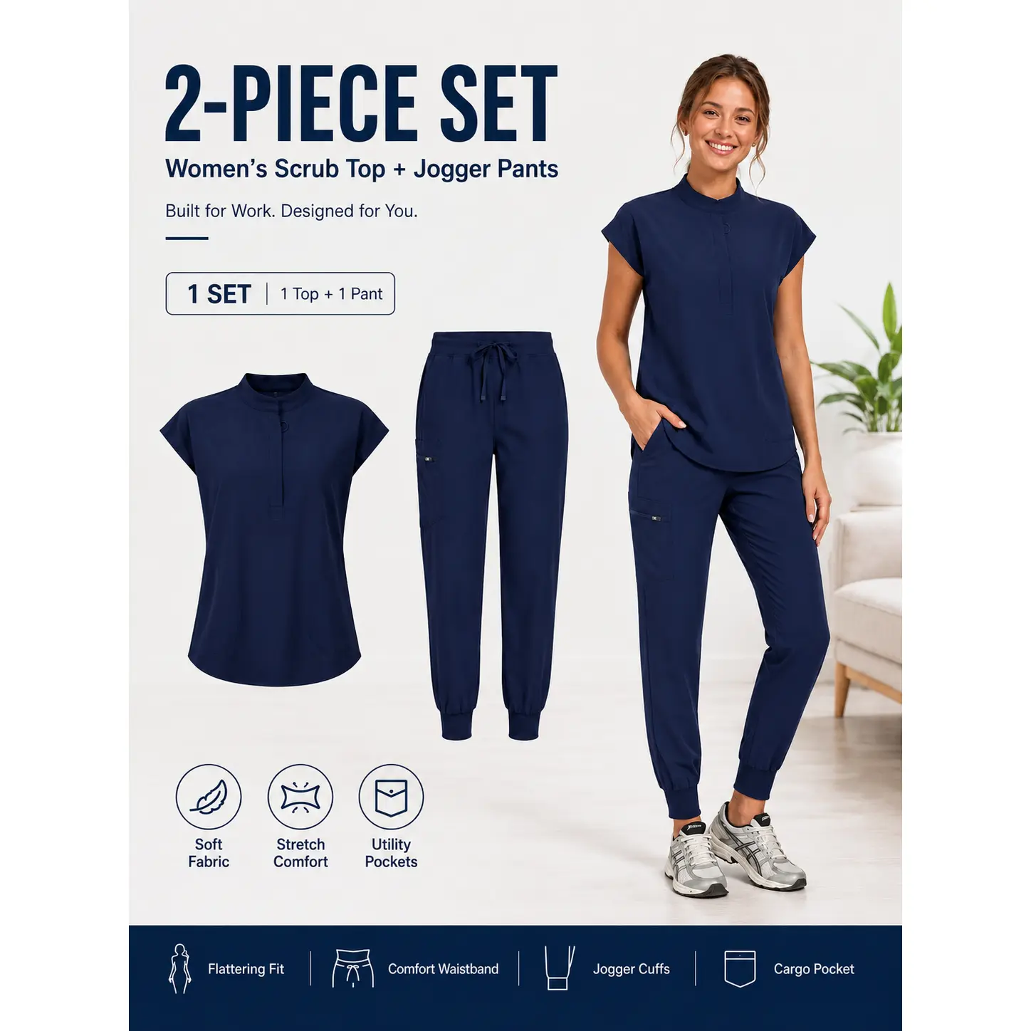 Women's 2-Piece Minimalist Scrub Uniforms Workwear Clothes - Slim-Fit Mandarin Collar Cap Sleeve Top & 4-Way Stretch Drawstring Jogger Pants with Ribbed Cuffs, Zipper Pockets, Cargo, Women's Clothes, Adjustable, Basic, Breathable, Preppy, Fabric, Scrubs,,