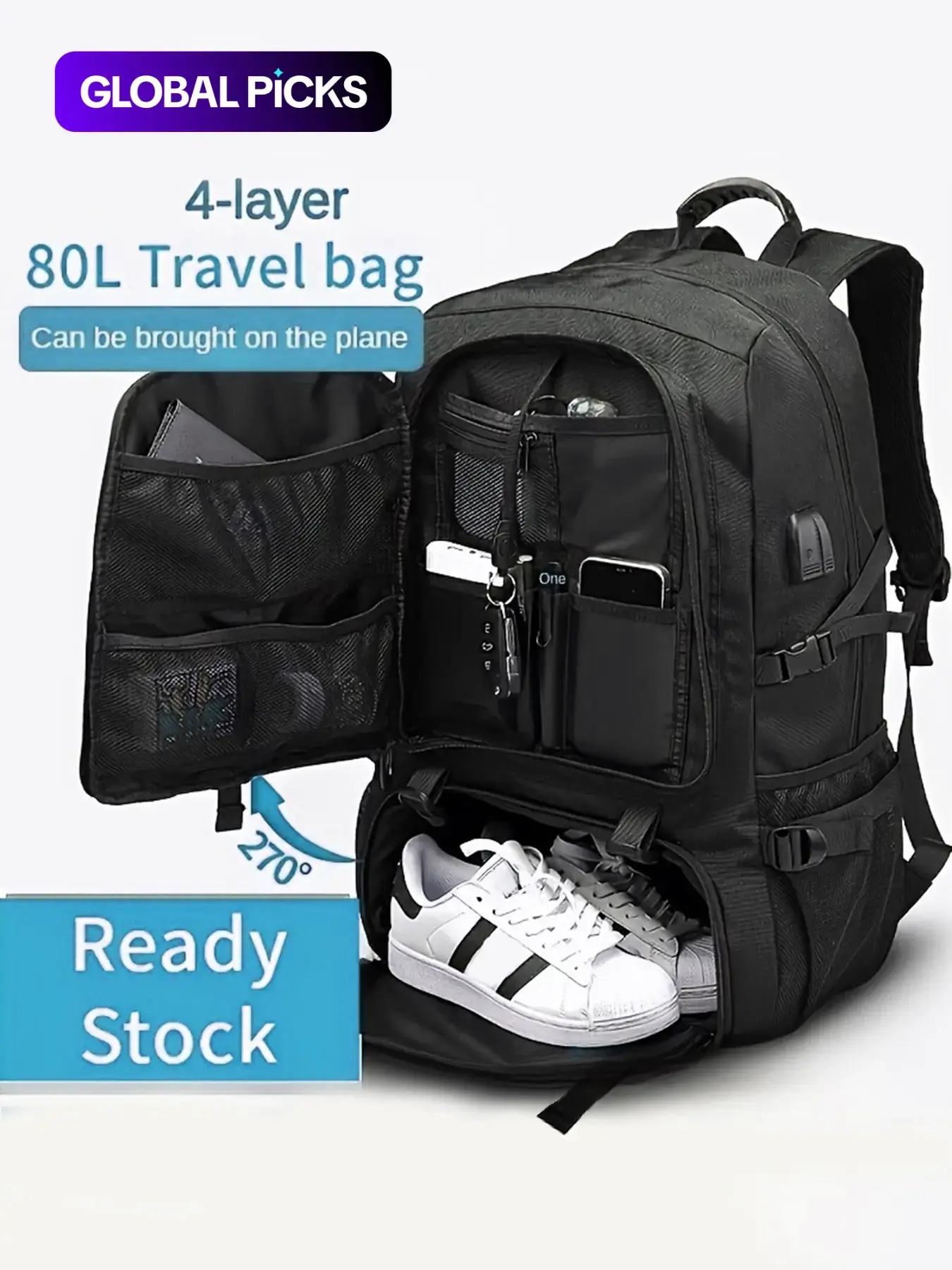 Expandable Travel Backpack, Shoe Compartment & Laptop Sleeve, Large Capacity Men's Sports Outdoor Bag, Waterproof Nylon, USB Charging Port, Backpack for Traveling on Airplane