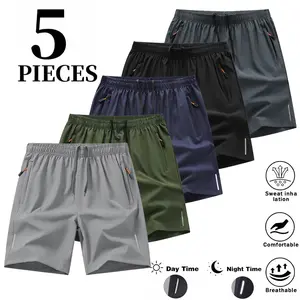 Men's 5-Pack Dry-Fit Body-Fitting Solid Color Athleisure Gym Shorts - Mens Clothing, Breathable Bottoms with Zippered Pockets, Drawstring Waist, Multi-Size, Pocketed for Gym & Outdoor Wear,father'sdaygifts