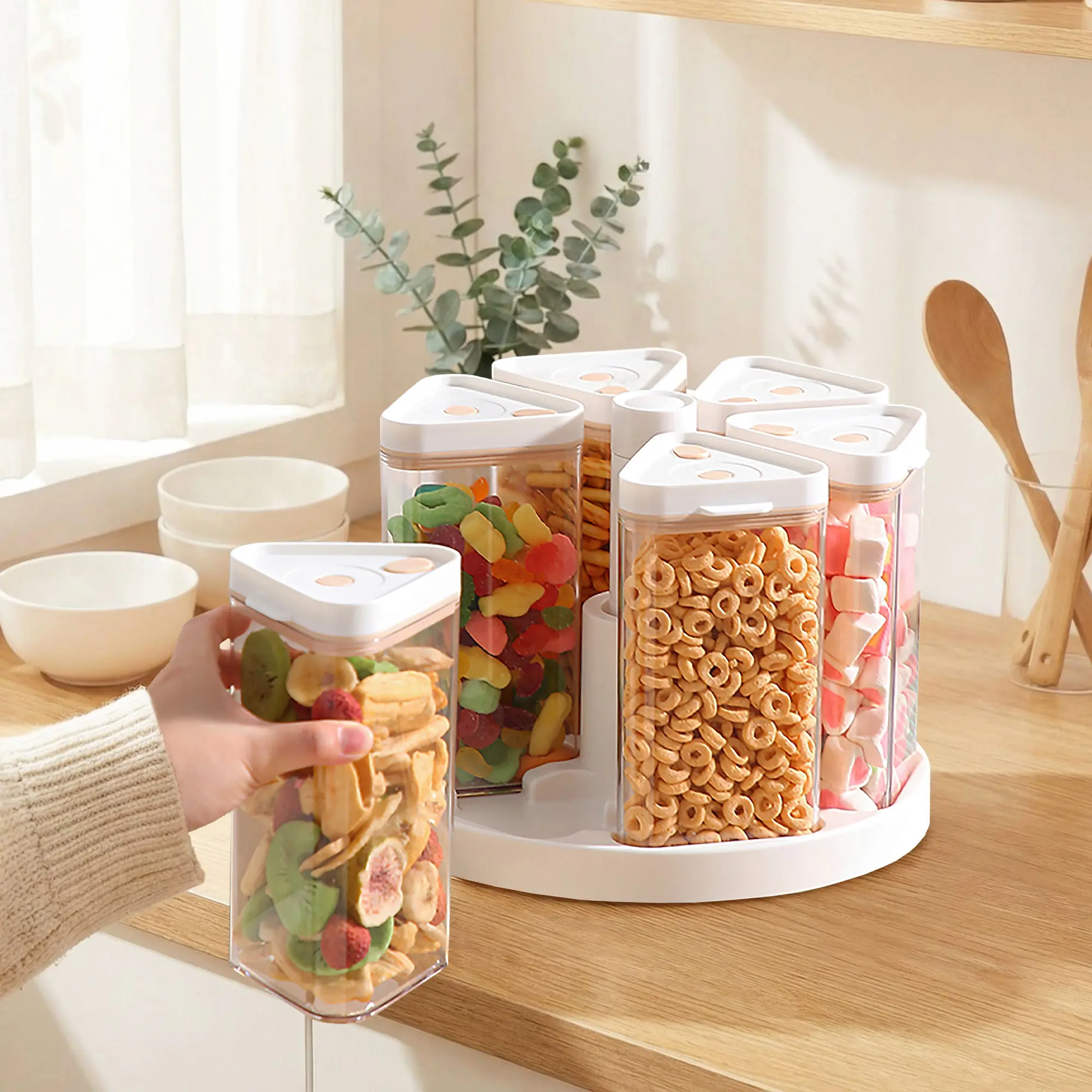 Kitchen Utensils Modern 6-Compartment Rotating Cereal Dispenser - Space-Saving Pantry Compartmentalized Food Storage Container Set with Lids, Stackable for Rice, Flour, Oats