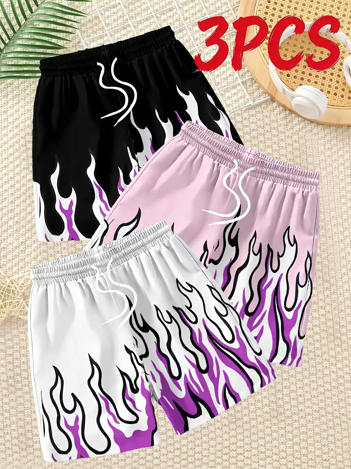 3 PCS Men Drawstring Casual Shorts Set, Purple Flame Graphic Print Loose Short Pants, Summer Streetwear Daily Outdoor Beach Athletic Shorts Multi Pack.