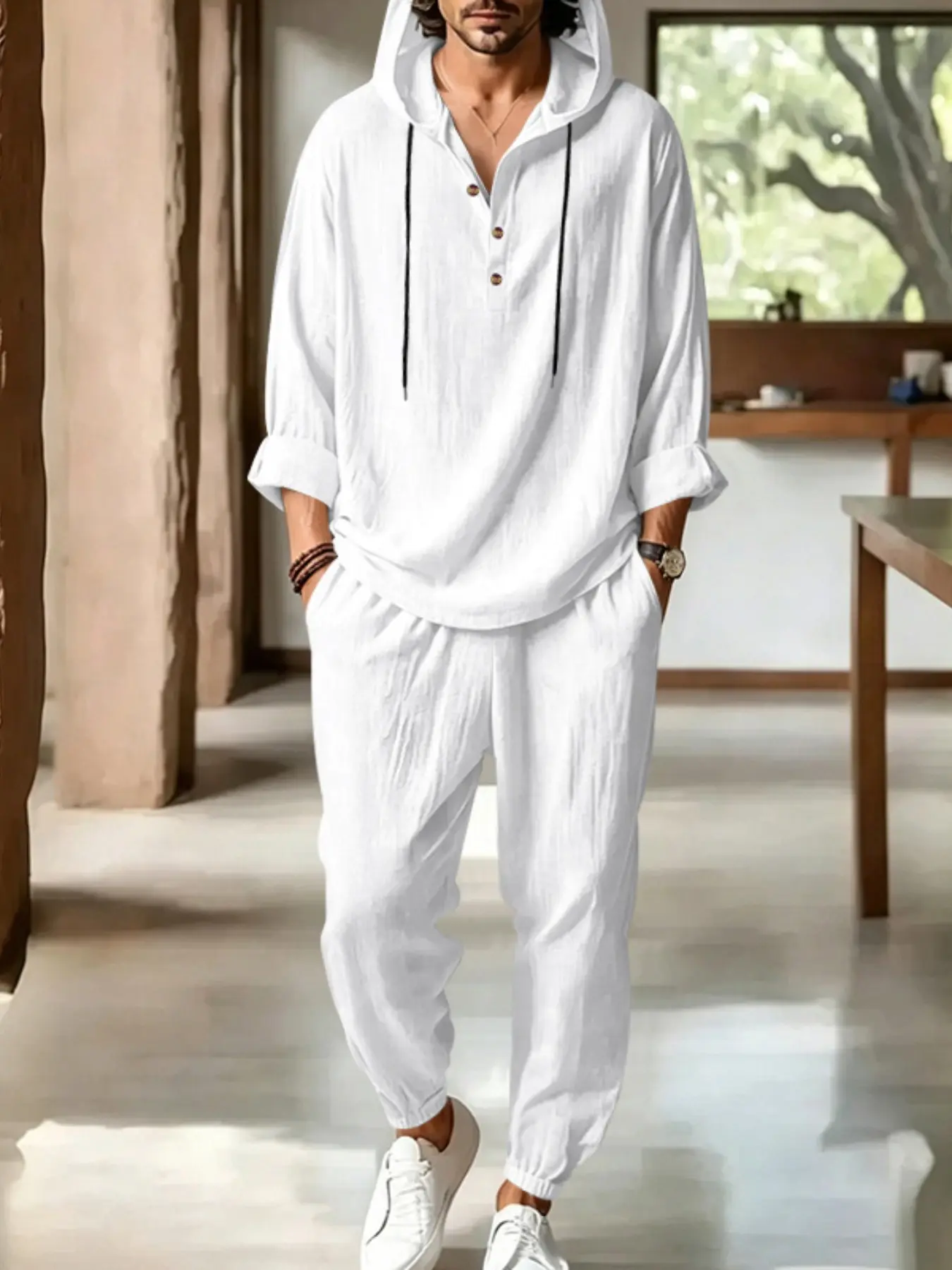 Men's linen texture hooded long-sleeved pants two-piece set - Henry collar half-opened cuffed casual suit - Soft and breathable loose fit - Suitable for daily home use, commuting, and vacation. Versatile for all occasions.