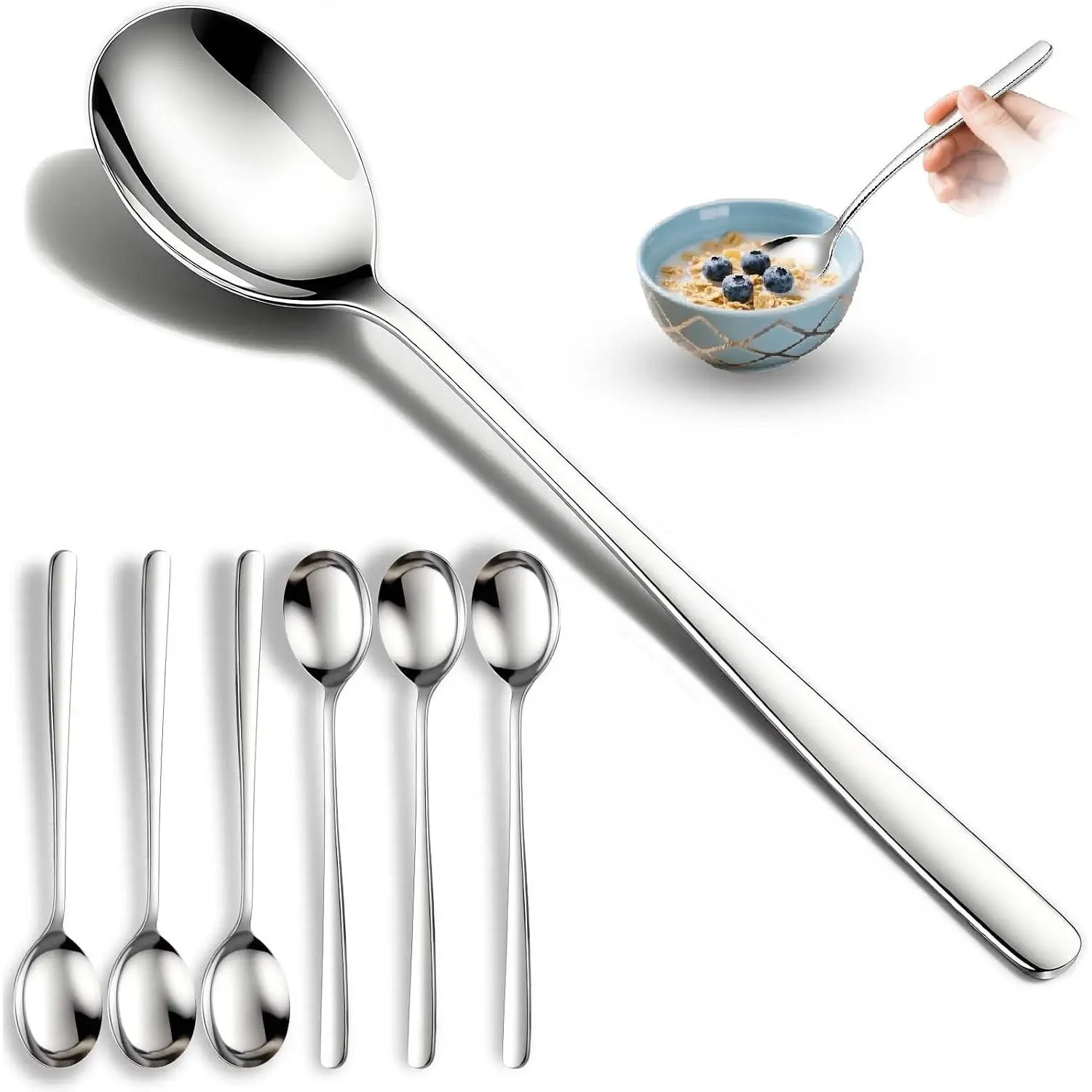 Set of 6 Premium Korean Soup Spoons, 8 Inch | 18/10 Stainless Steel, Long Handle, Rice and Asian Spoon, Dishwasher Safe