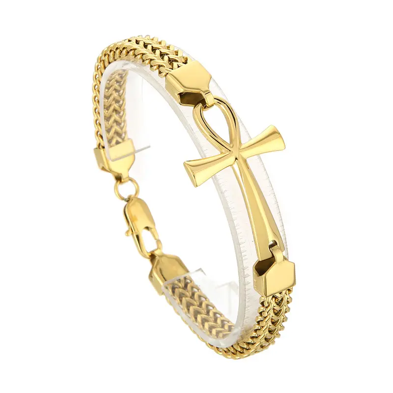 Ancient Egyptian Ankh Cross Titanium Steel Wrist Bracelet - Unisex Male Hip Hop Franco Chain Costume Jewelry for Everyday Wear