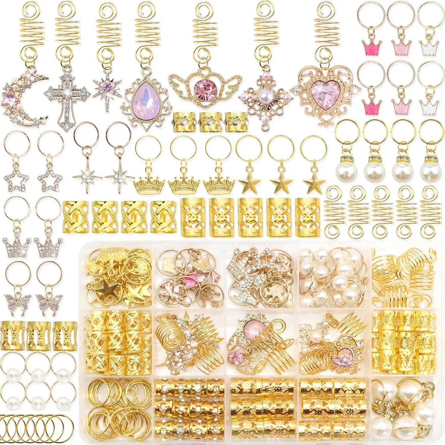 156Pcs Pink Crystal Loc Dreadlocks Jewelry Gold Hair Jewelry for Braids Multi Shape Crown Pearls Hair Decoration Hair Coils Rings Dreadlocks Hair Cuffs for Women and Girls
