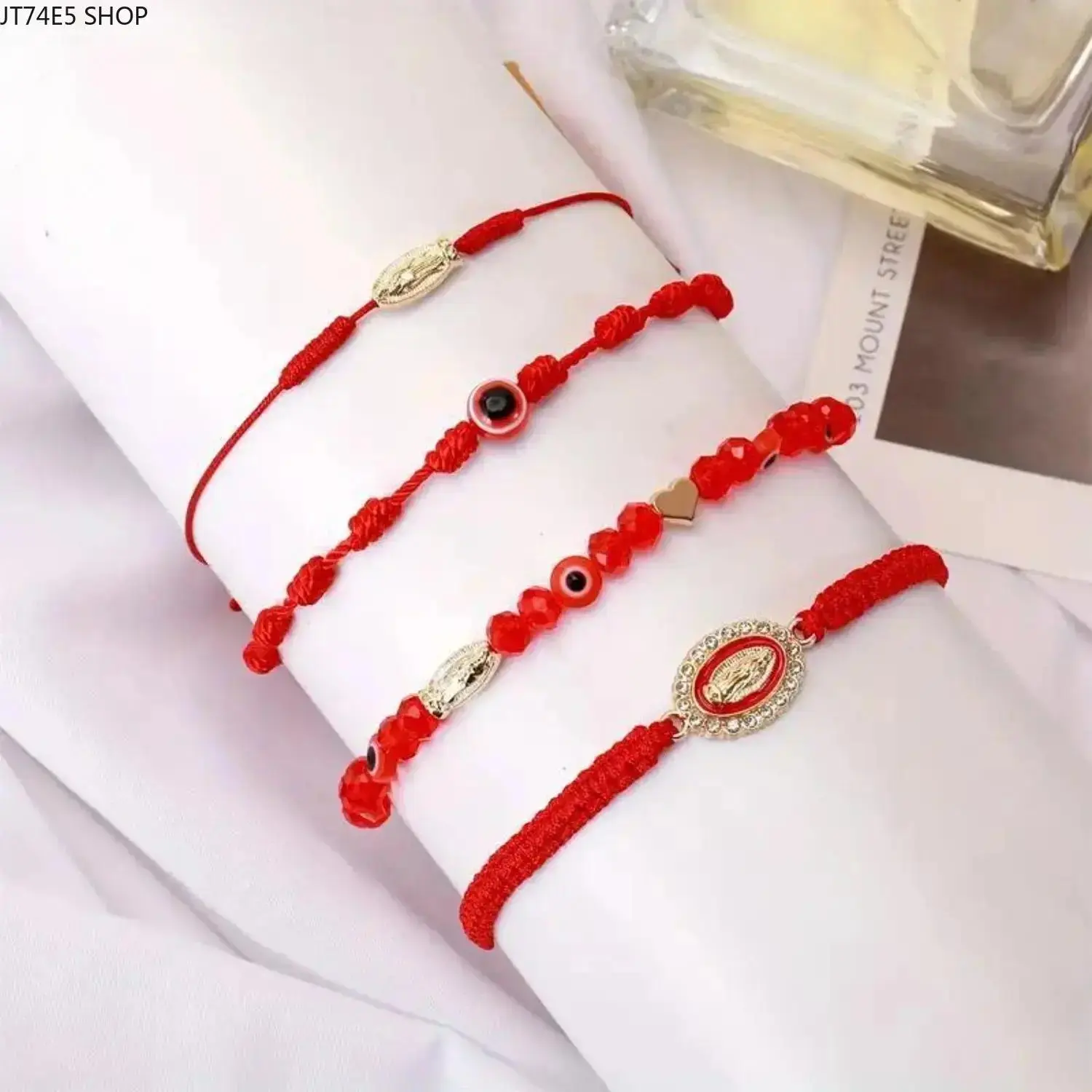 Unisex 4-Piece Ethnic Hand-Braided Red String Couple Matching Bracelet Set - Daily Wear Jewelry with San Judas, Virgin Mary, Evil Eye, Heart Charms & Mexican Lucky Protection Amulets, Stackable Fashion Accessory