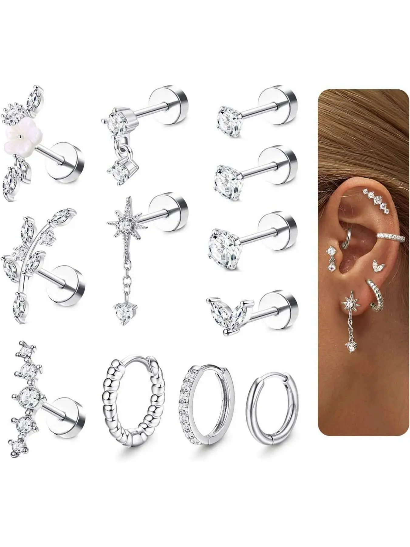 12Pcs Helix Piercing Jewellery Surgical Steel Tragus Earrings Set Flat Back Earrings Stud Flower Ear Piercing Helix Hoop Cartilage Earrings Silver Gold Conch Daith Tragus Piercing Jewellery Flat Back Studs