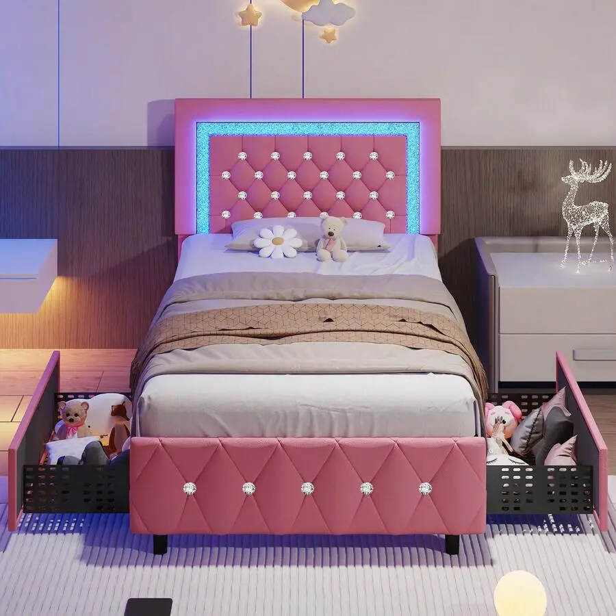 Twin/ Full/ Queen/ King Size Bed Frame With Storage Drawers, Upholstered LED Bed Frame With Headboard, Modern Platform Bed Frame With Headboard And Footboard, Pink/ Black/ White/ Purple/ Yellow (Twin 2 Drawers/ Other 4 Drawers) (USB LED Strip)