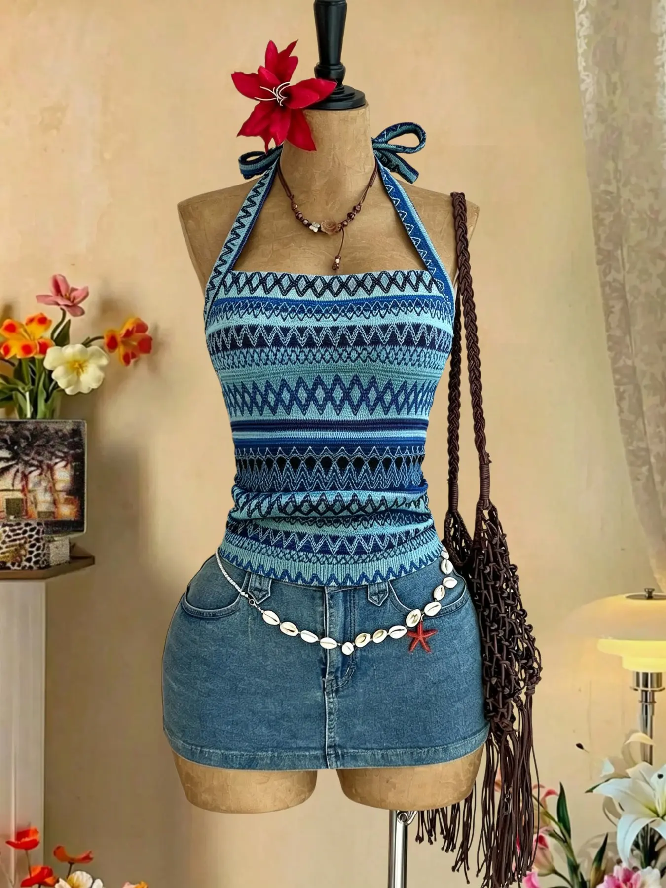 Boho Style Casual Comfortable Tie Butterfly Neck Tank Top, Sexy Colorblock Design, Loose-Fitting, Without Zipper or Buttons